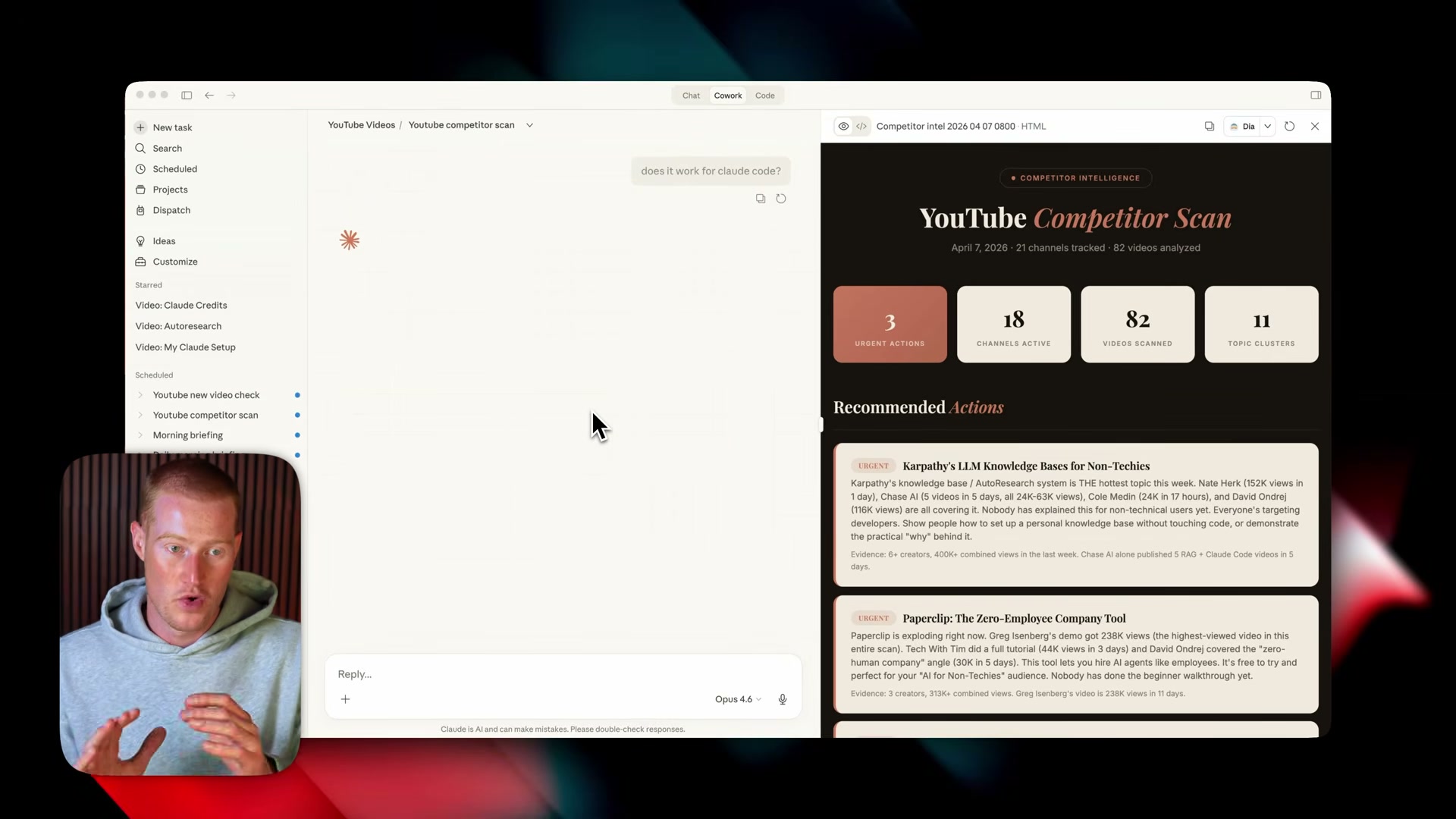 Inside a live Claude Cowork session running a YouTube competitor scan — each step costs tokens.