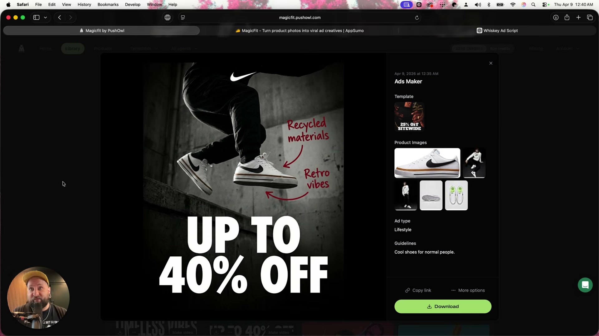 Lifestyle ad generated from a Nike product URL: annotation-style copy, dramatic lighting, bold discount CTA