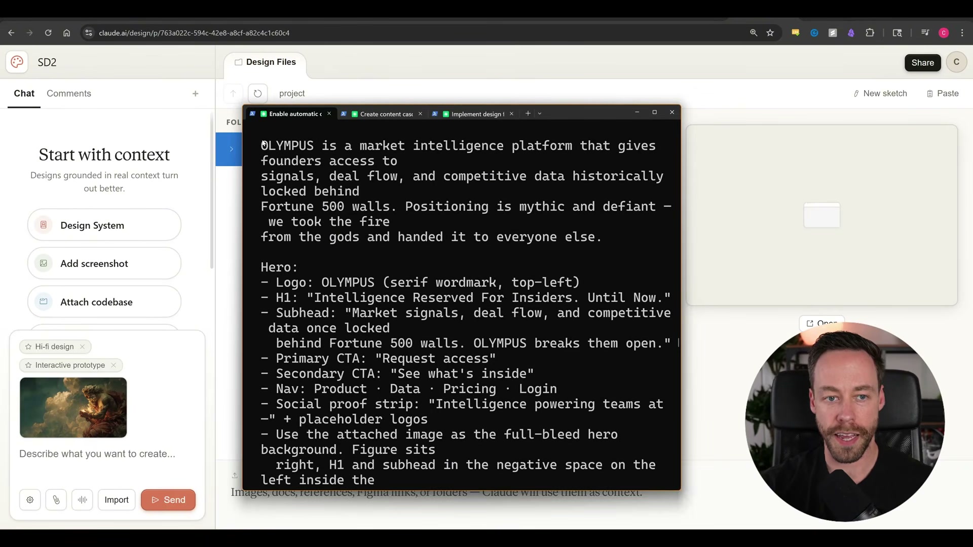The full Claude Design prompt for OLYMPUS: brand positioning, hero composition rules, copy hierarchy, and image placement — all specified before Claude asks a single question.