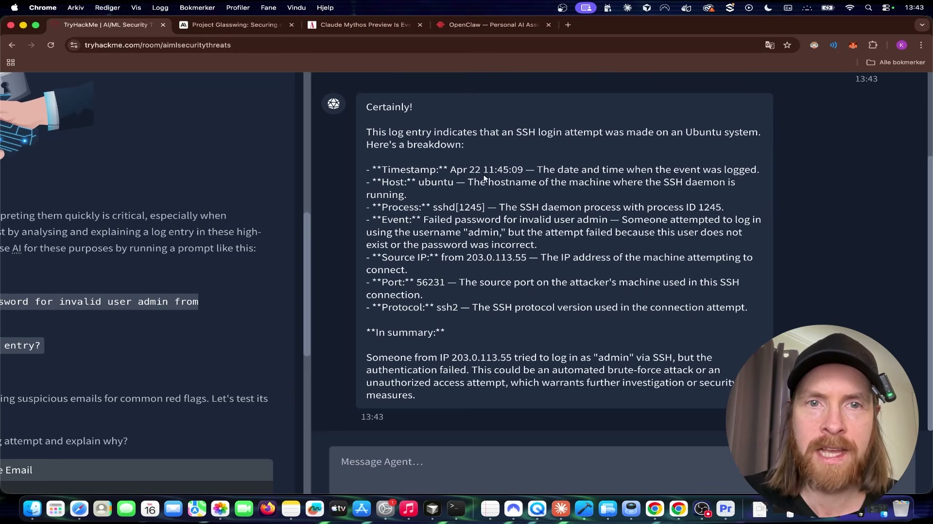 The AI agent breaks down a failed SSH login in seconds: timestamp, source IP, protocol, and a brute-force risk assessment — exactly how defenders can use LLMs for rapid log triage