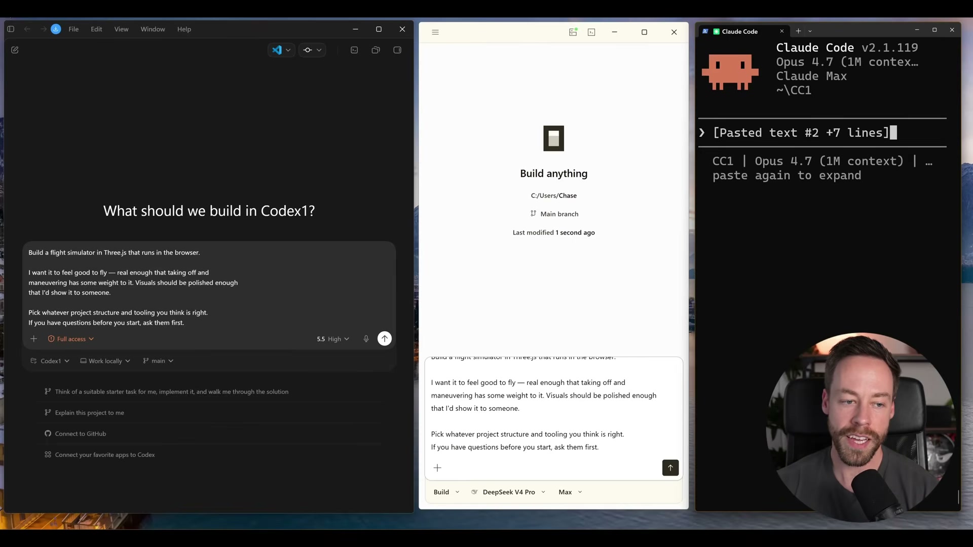 Identical prompt, three agents: 'Build a flight simulator in Three.js that runs in the browser' submitted to Codex, Open Code, and Claude Code at the same moment.