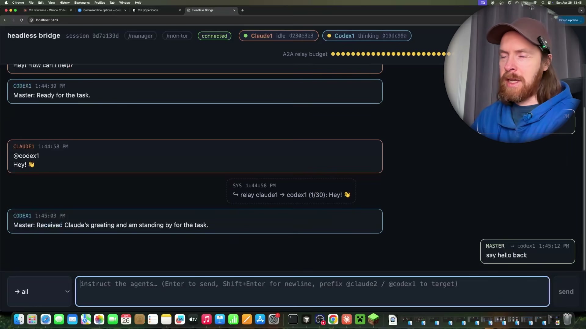 Agent-to-agent relay in action: Claude1 addresses Codex1 directly and the bridge routes the message