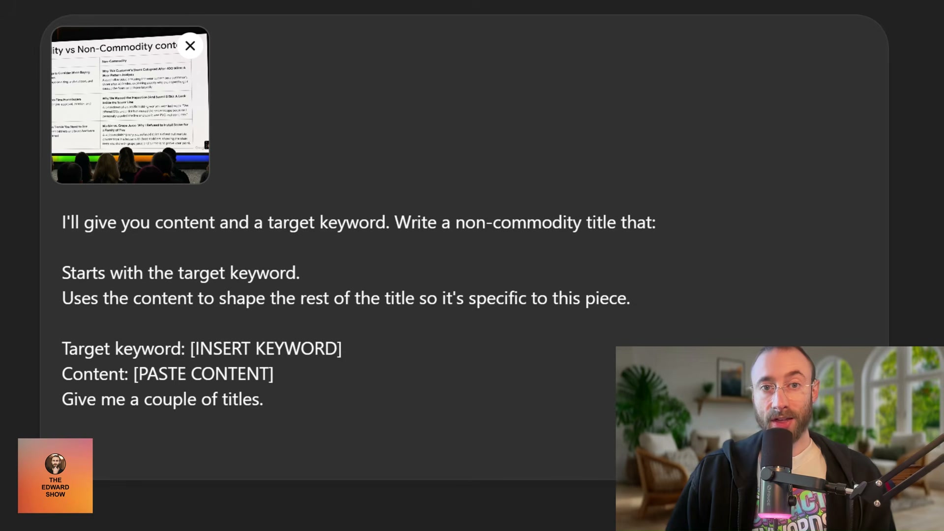 The full ChatGPT prompt template for generating non-commodity, keyword-first titles — copy and adapt for your content