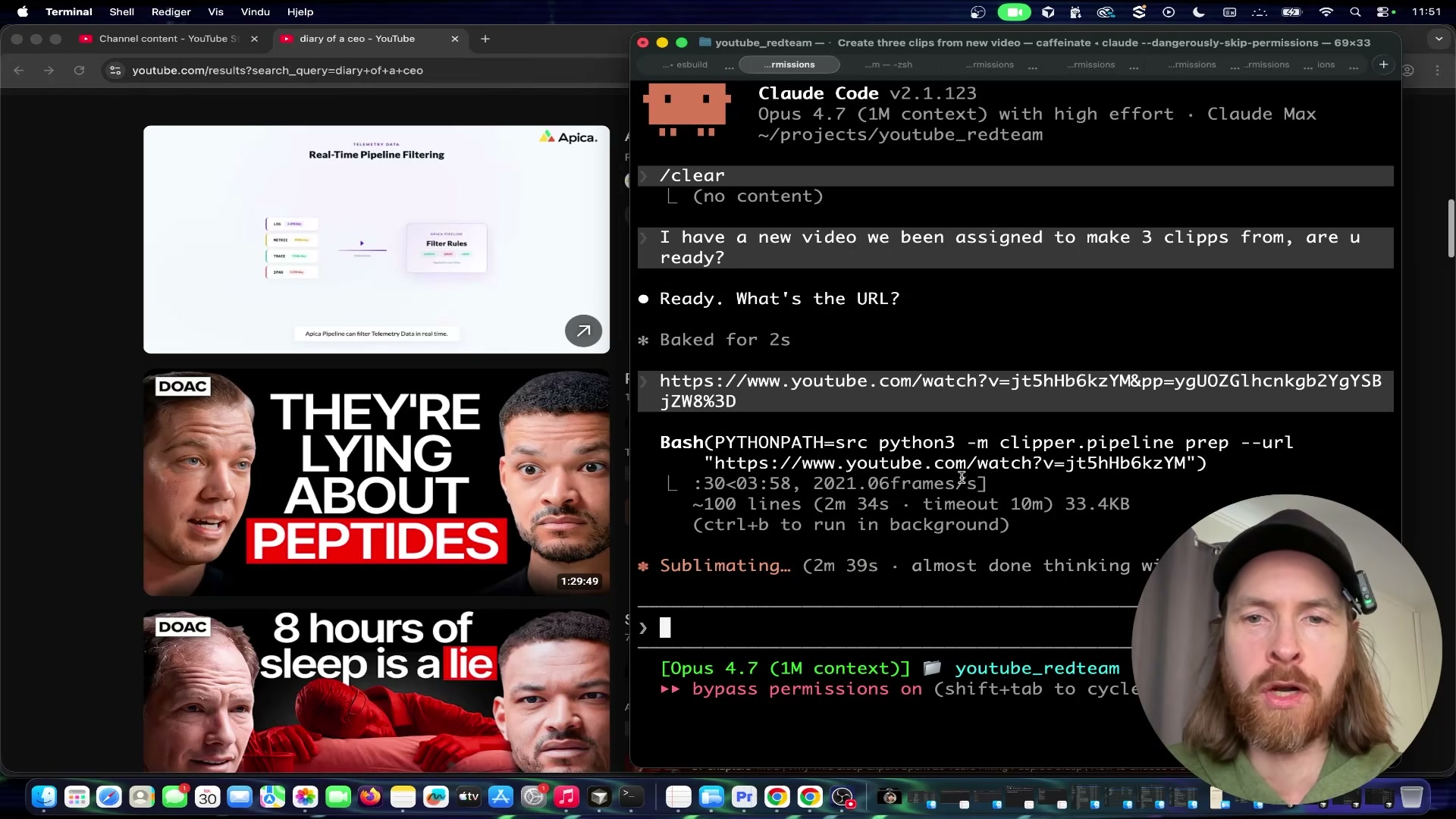 Claude Code runs the pipeline prep command — extracting audio and 2,100+ frames from the source video