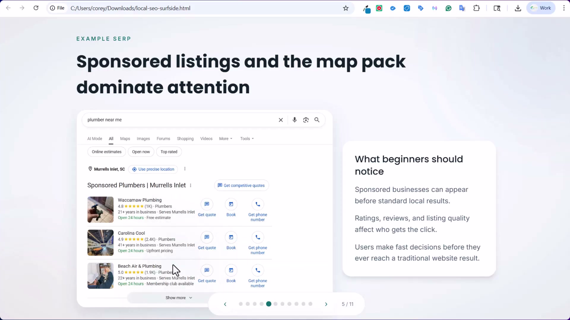 Sponsored listings and the map pack claim the top of every local SERP — organic results don't even enter the picture until users scroll past both.