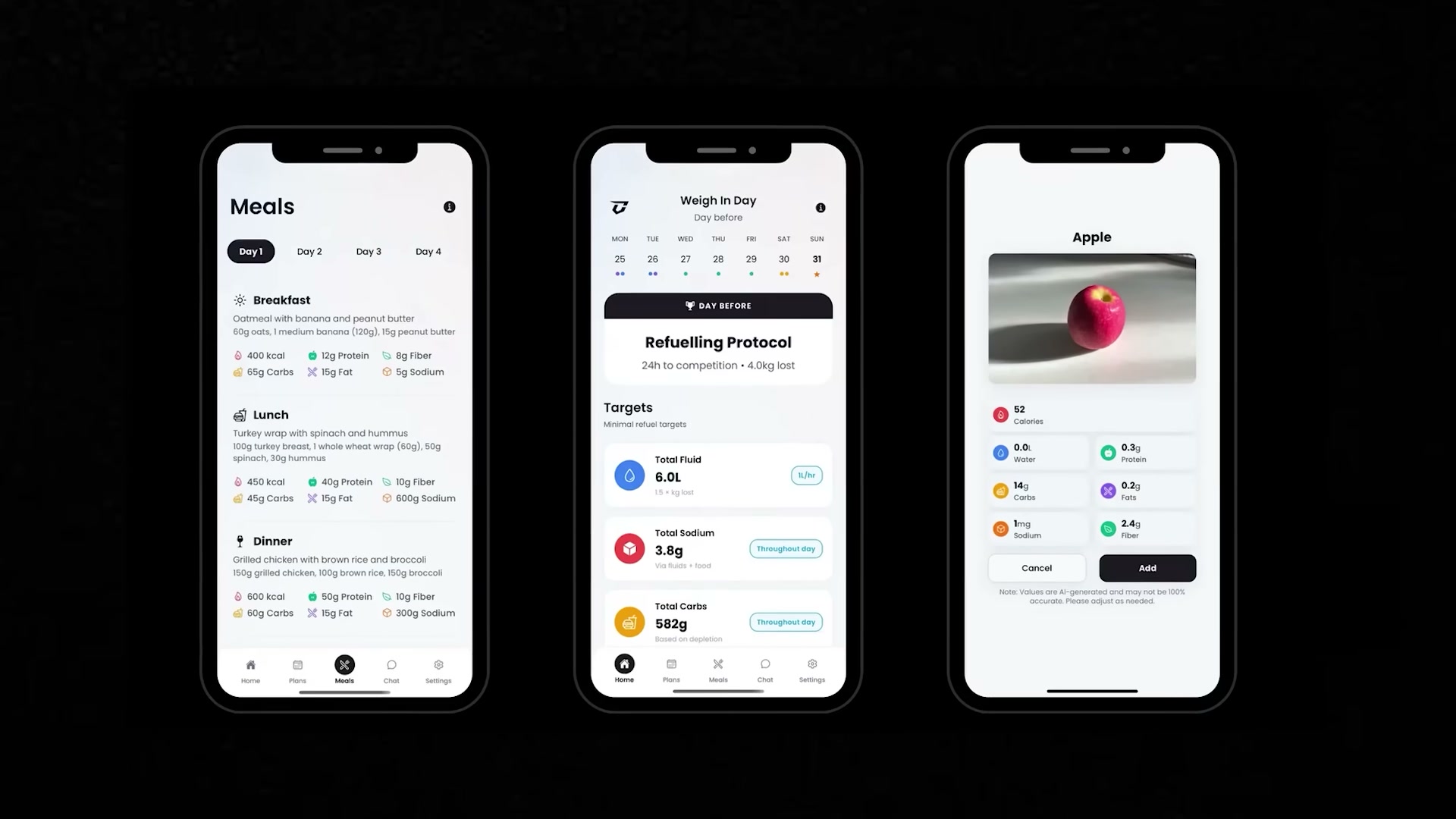 CutCoach's three core screens: personalized meal plans, competition-day refuelling protocols, and AI-powered food logging.
