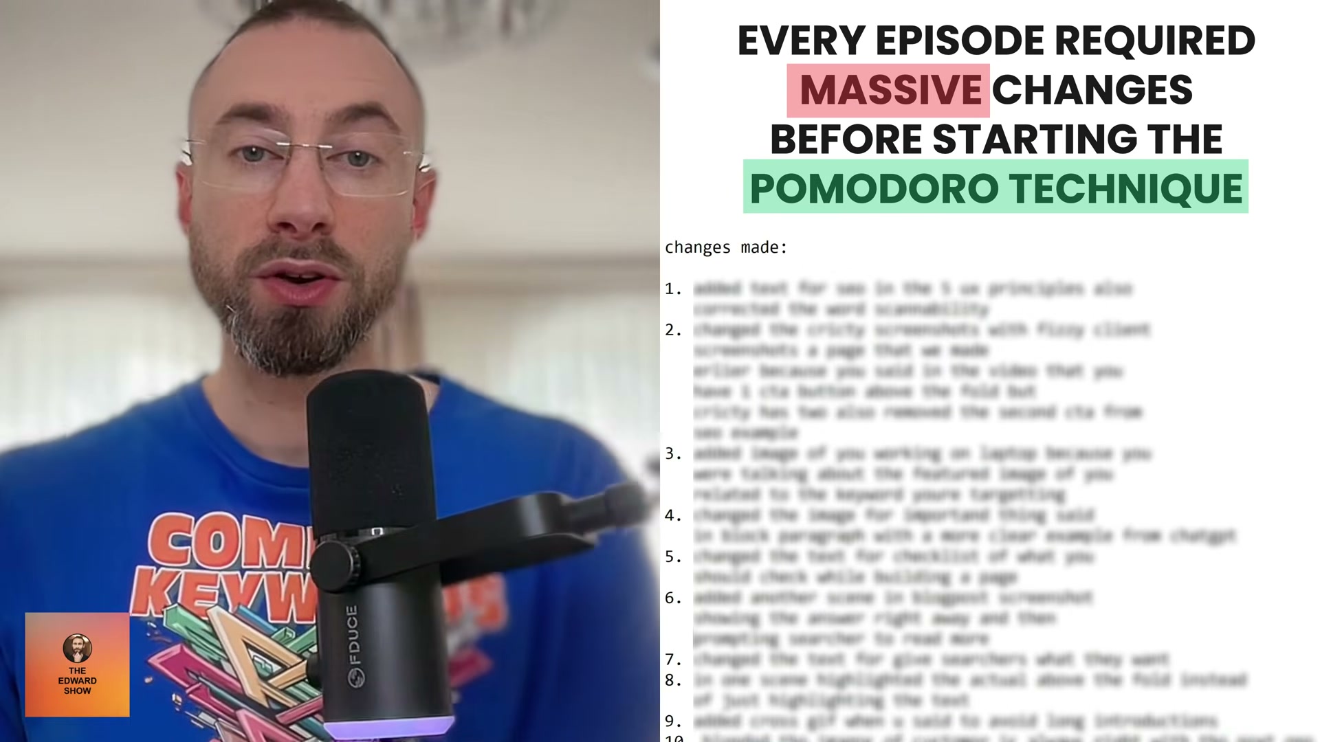 Before applying Pomodoro to content review, every episode needed massive revisions. The numbered list of required fixes tells the whole story.