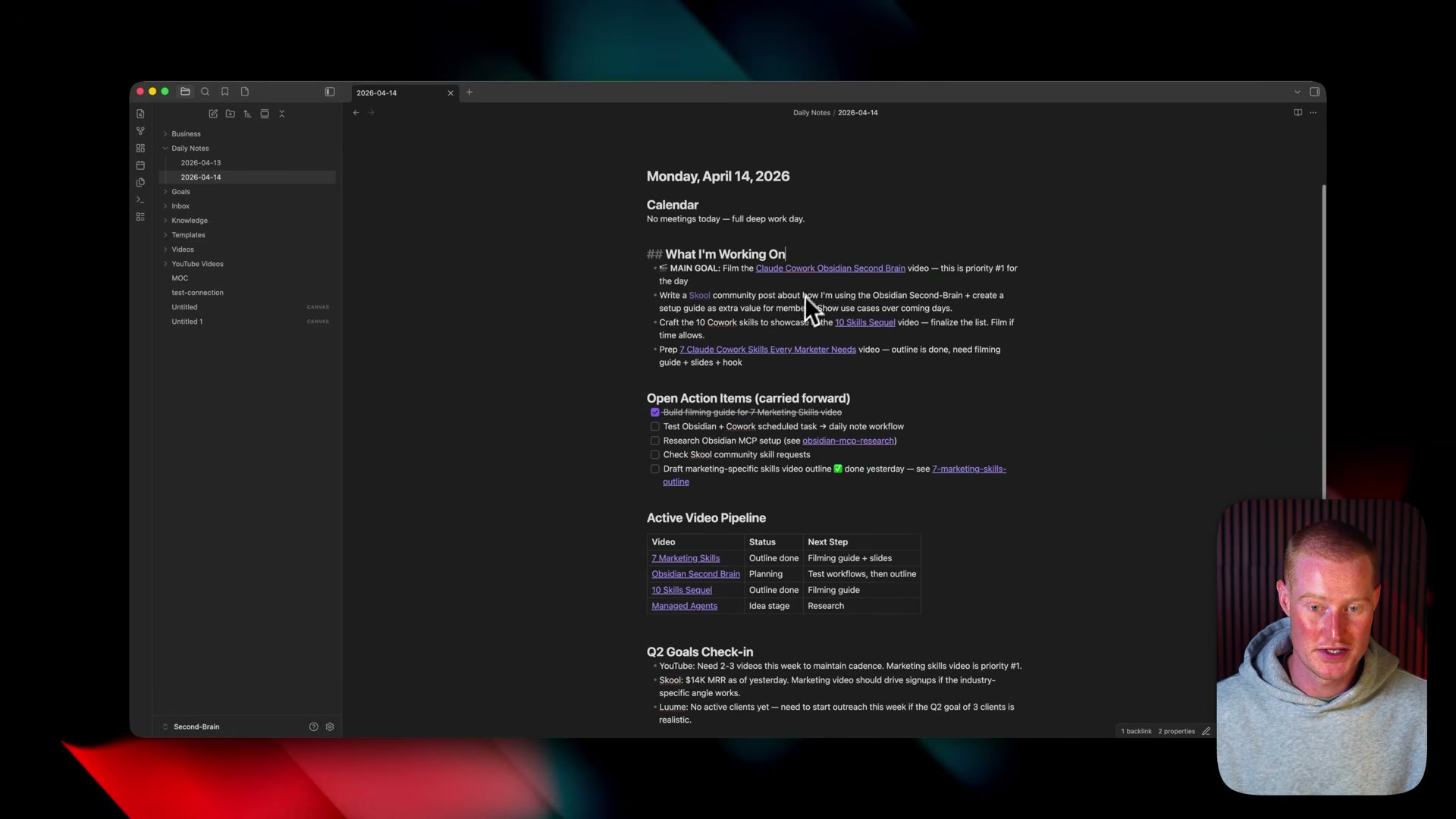 A real daily note in the vault: work priorities, action items, and a video pipeline table — all readable and updatable by Claude Co-work.