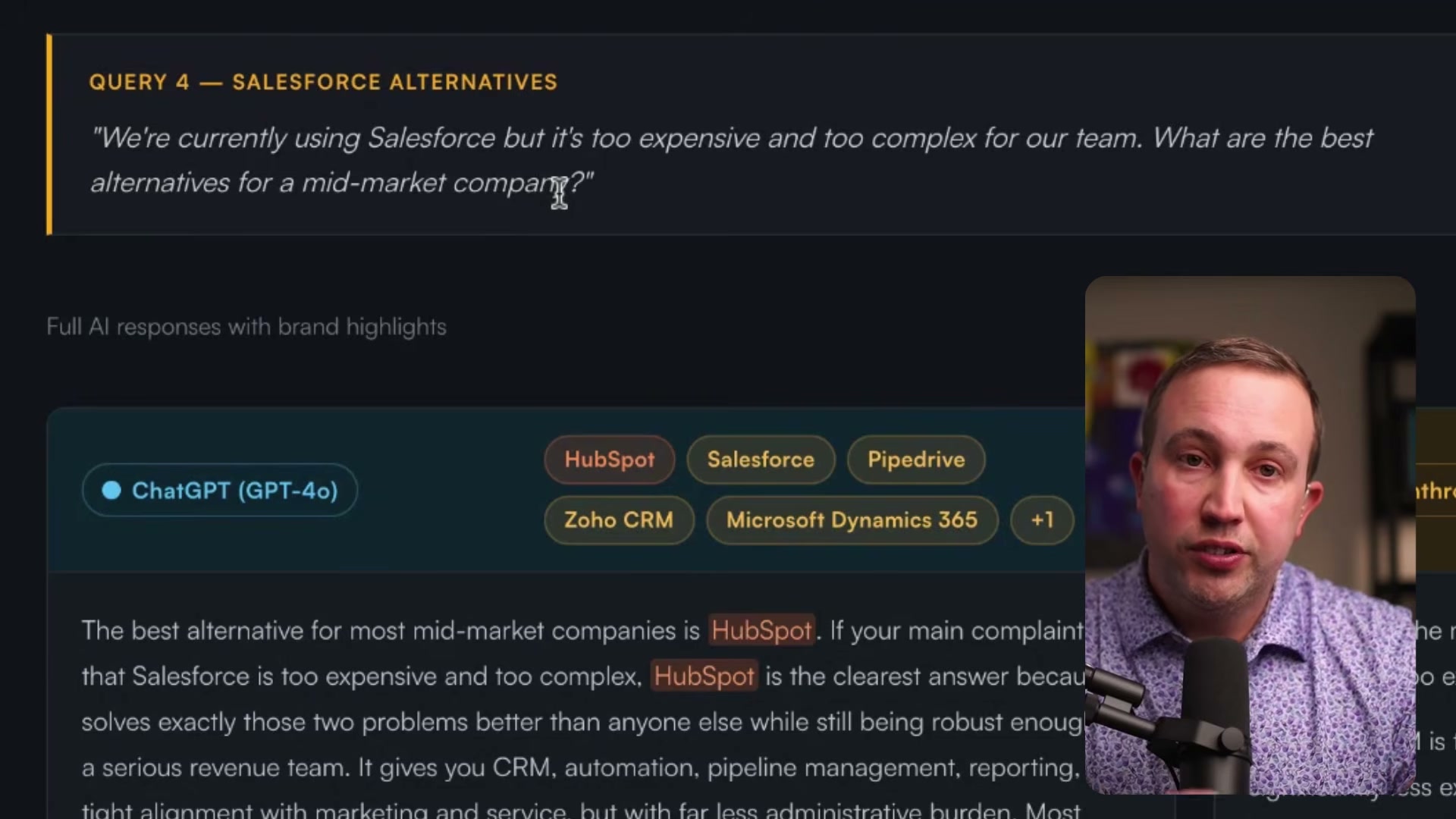 Query 4 — Salesforce Alternatives: ChatGPT recommends HubSpot as 'the clearest answer' — exactly the displacement query your sales team should be winning