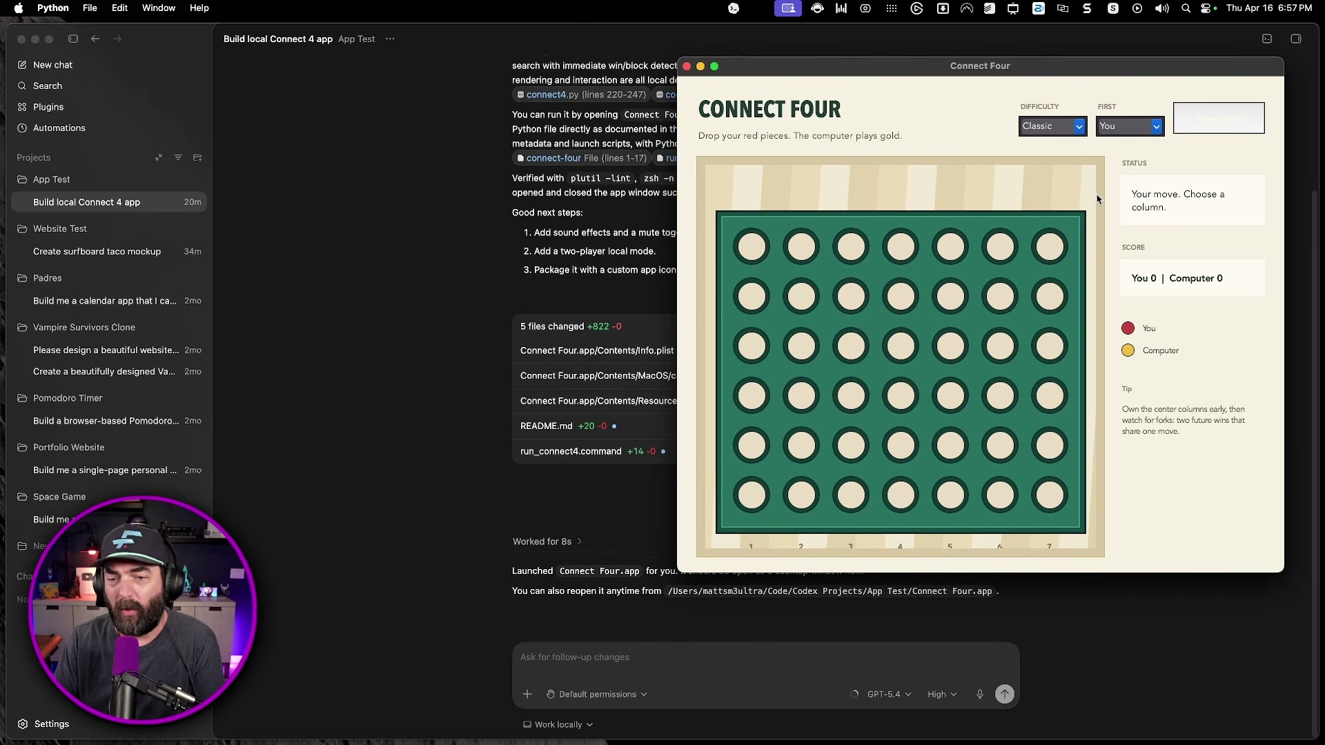 Codex builds and launches a native Connect Four desktop app — complete with AI opponent, scoring, and UI