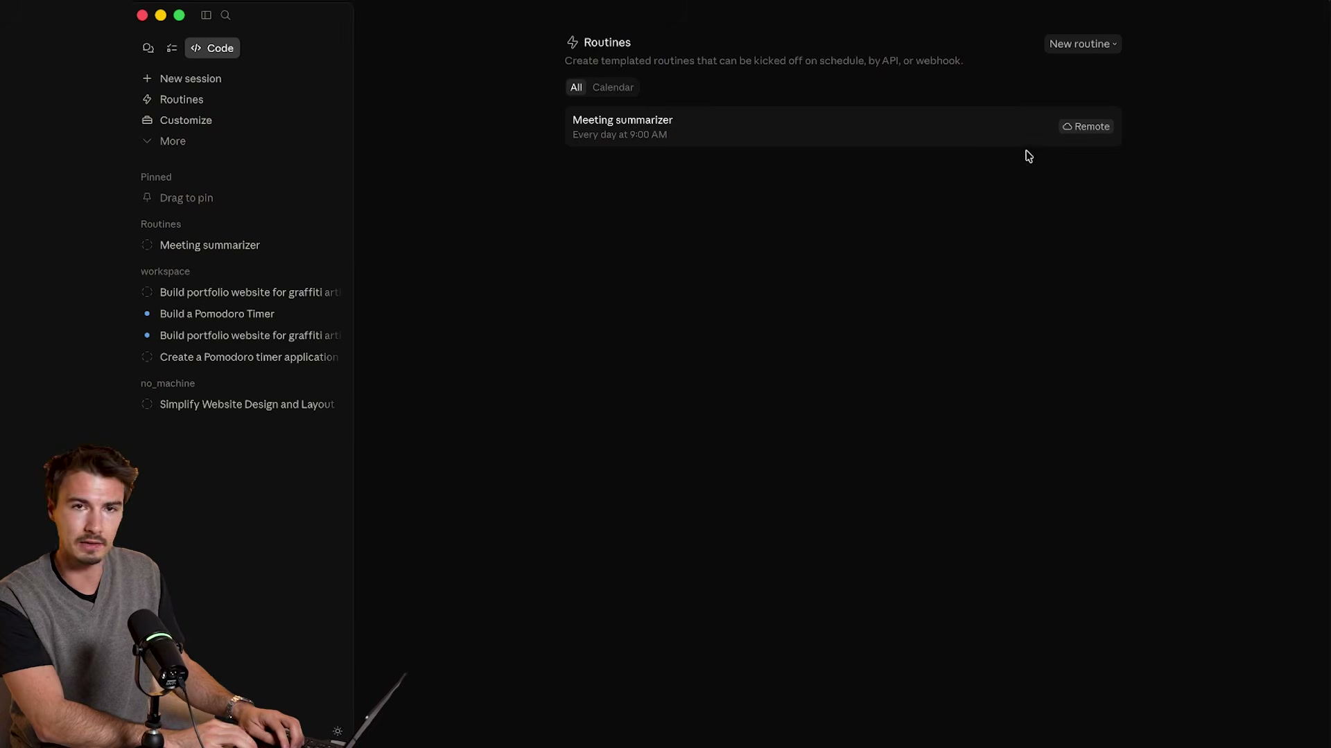Claude Code Routines panel: create and manage cloud-hosted routines triggered by schedule, API, or webhook