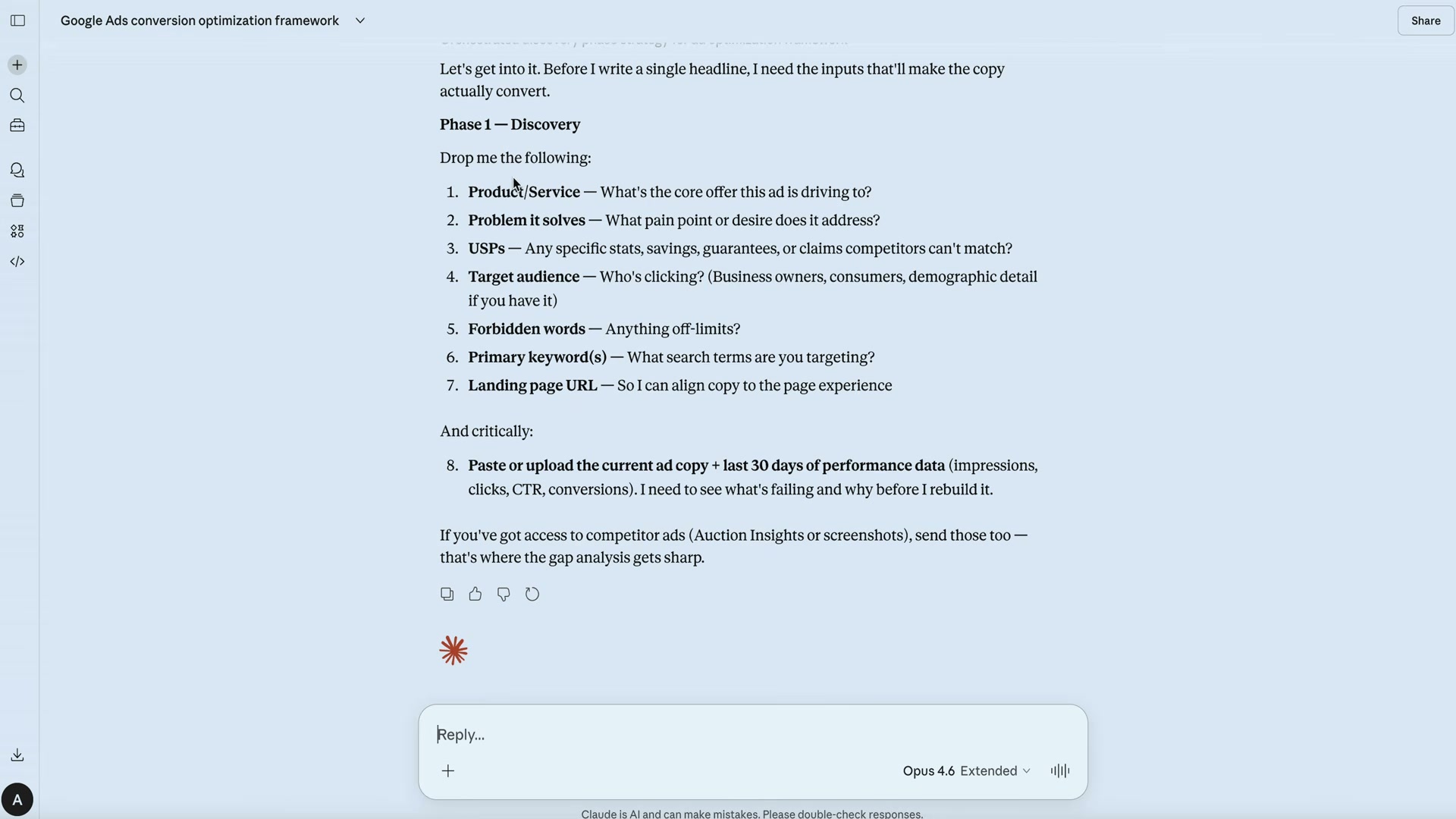 Claude flags missing performance data before generating headlines — a key quality gate in the framework