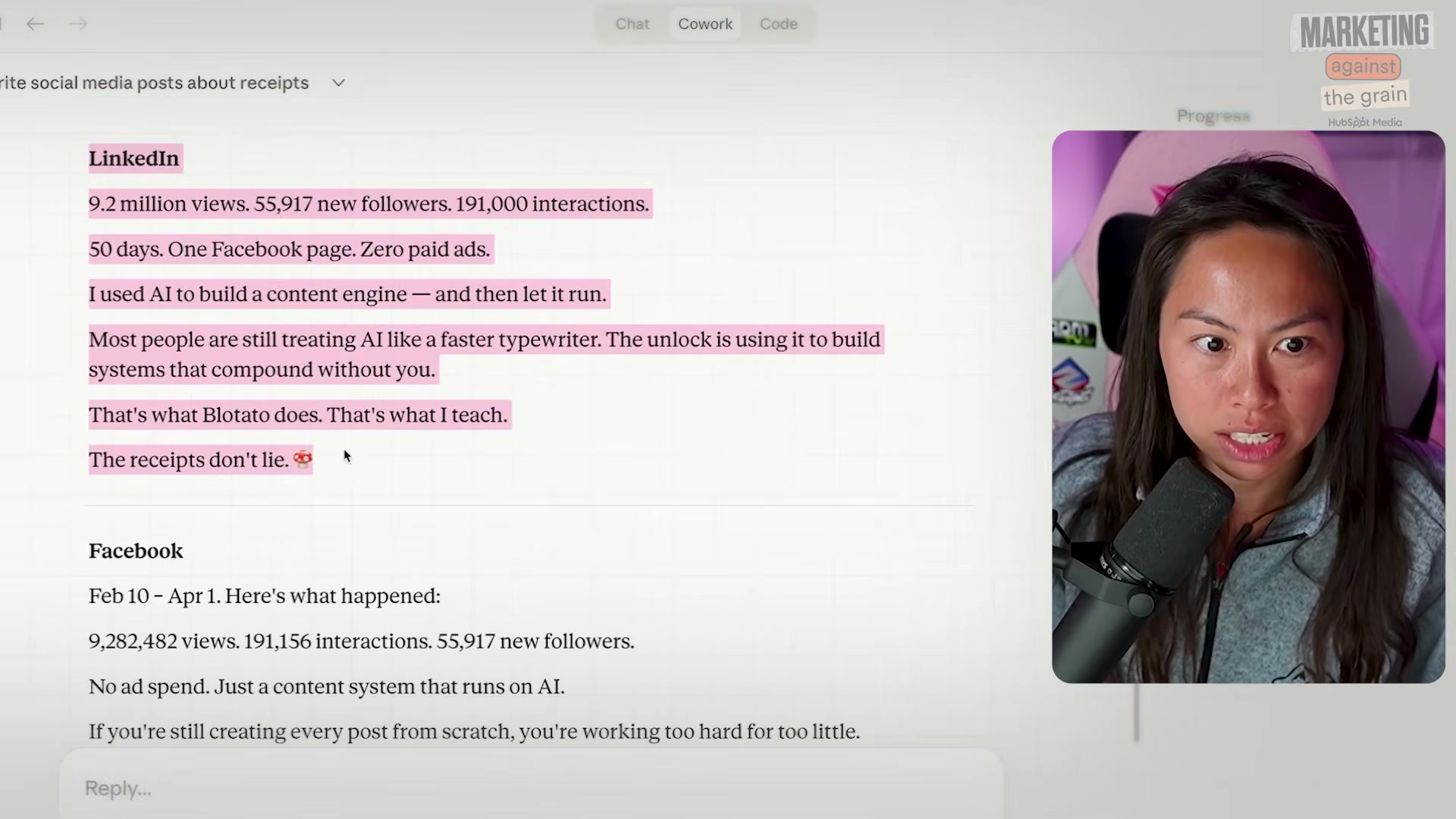 Output: brand-voice LinkedIn and Facebook posts generated from a single analytics screenshot, zero manual writing