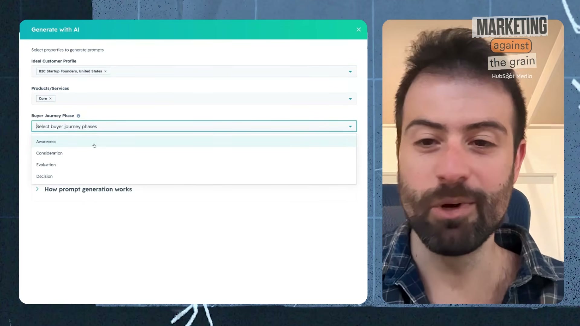 The 'Generate with AI' modal lets you scope prompts by ICP, product line, and buyer journey stage — all four funnel phases are available.