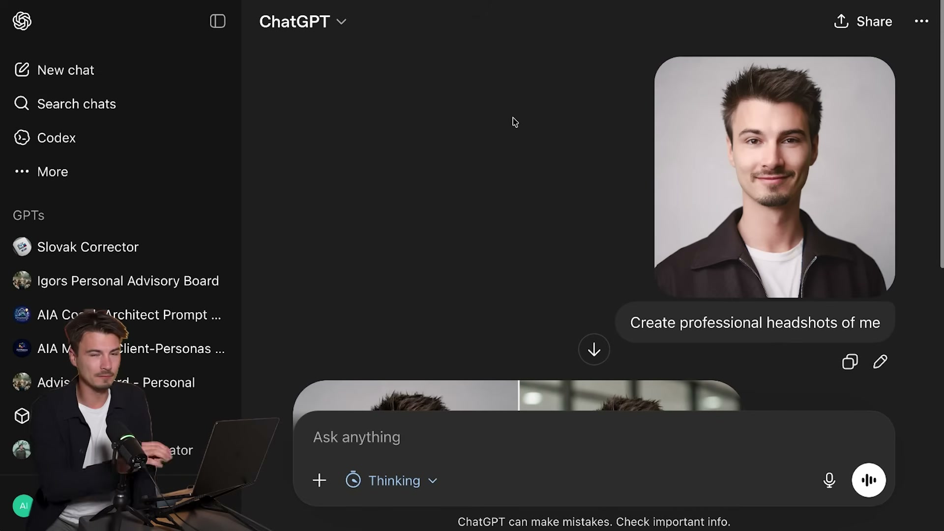 GPT Image 2 generating a professional headshot from a reference photo — the output is clean, studio-quality, and delivered directly in chat.