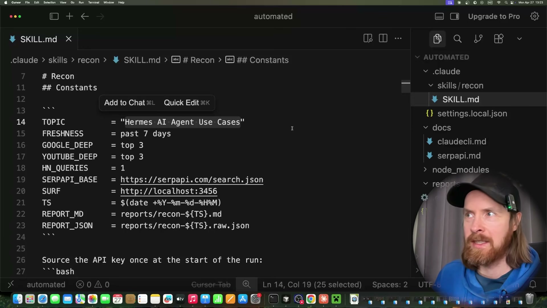 SKILL.md constants define the topic, search depth, API endpoints, and output file paths that drive the entire recon pipeline