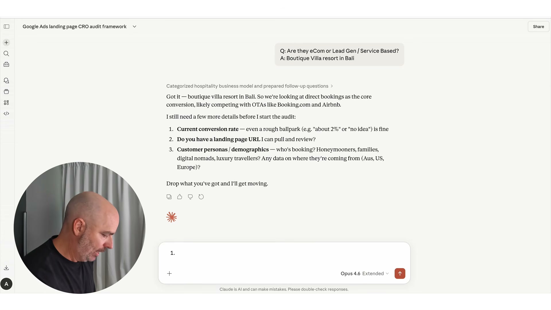 Claude categorizes your business type and asks targeted follow-up questions before pulling the landing page for audit