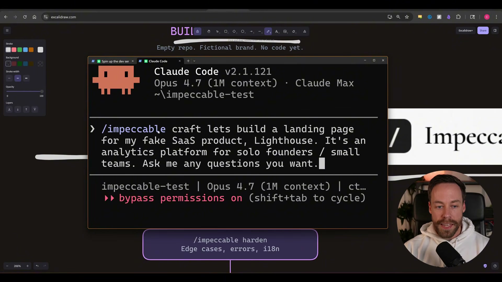 Invoke /impeccable craft with a plain-English product brief — Claude Code asks clarifying questions before writing a single line of HTML.