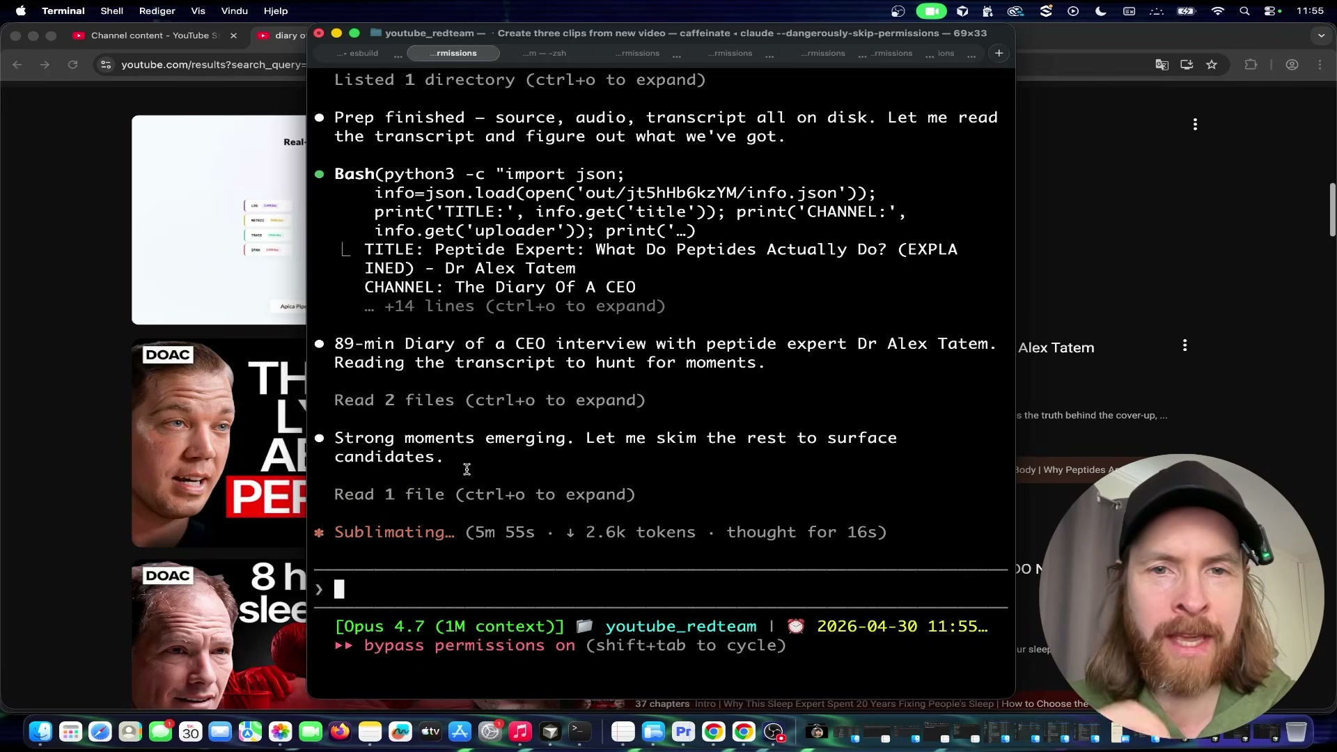 Claude reads the full 89-minute transcript and surfaces the strongest viral moment candidates autonomously