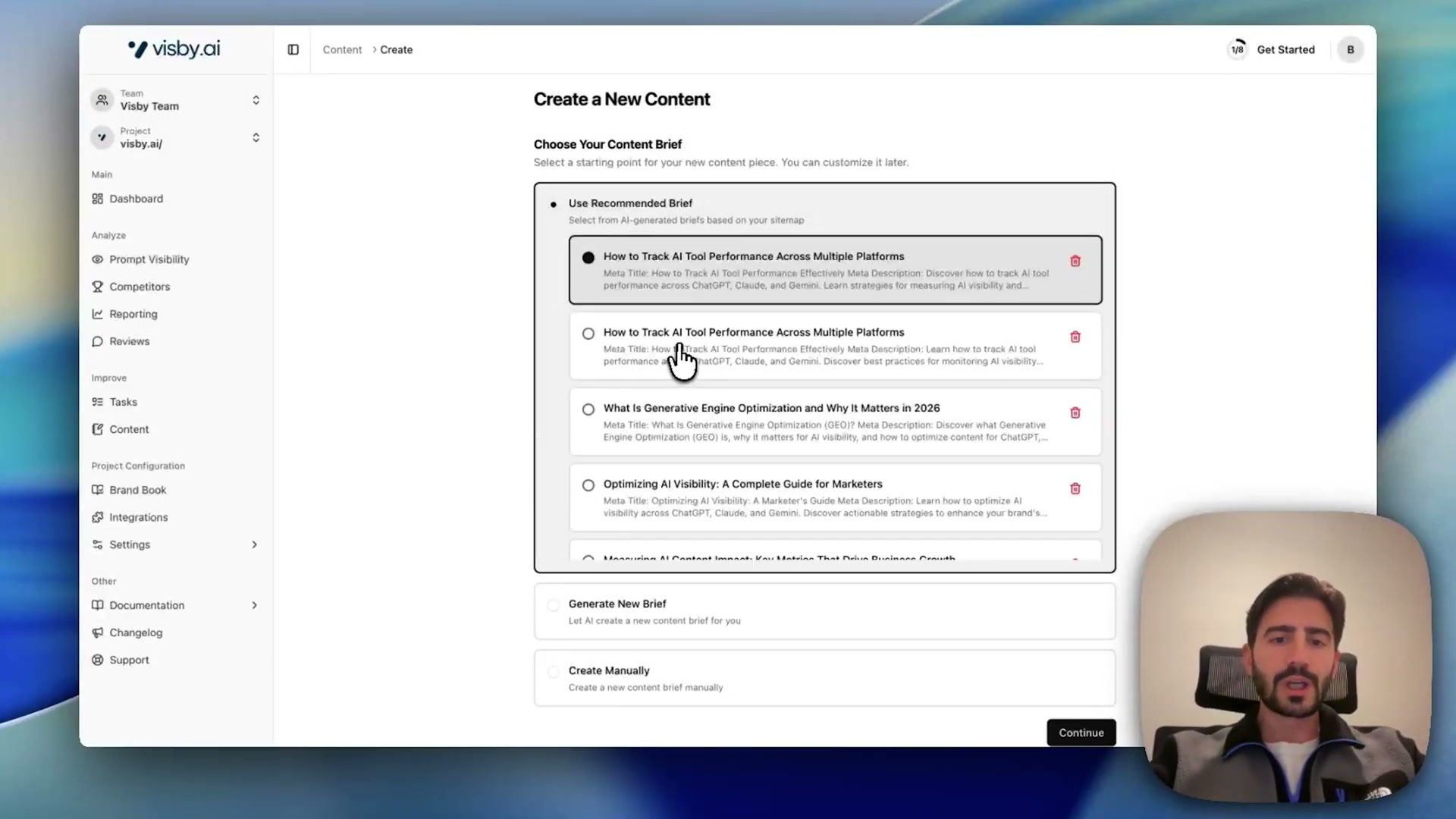 Visby Content creation: choose from AI-generated briefs pre-mapped to your visibility gaps, or generate a custom brief
