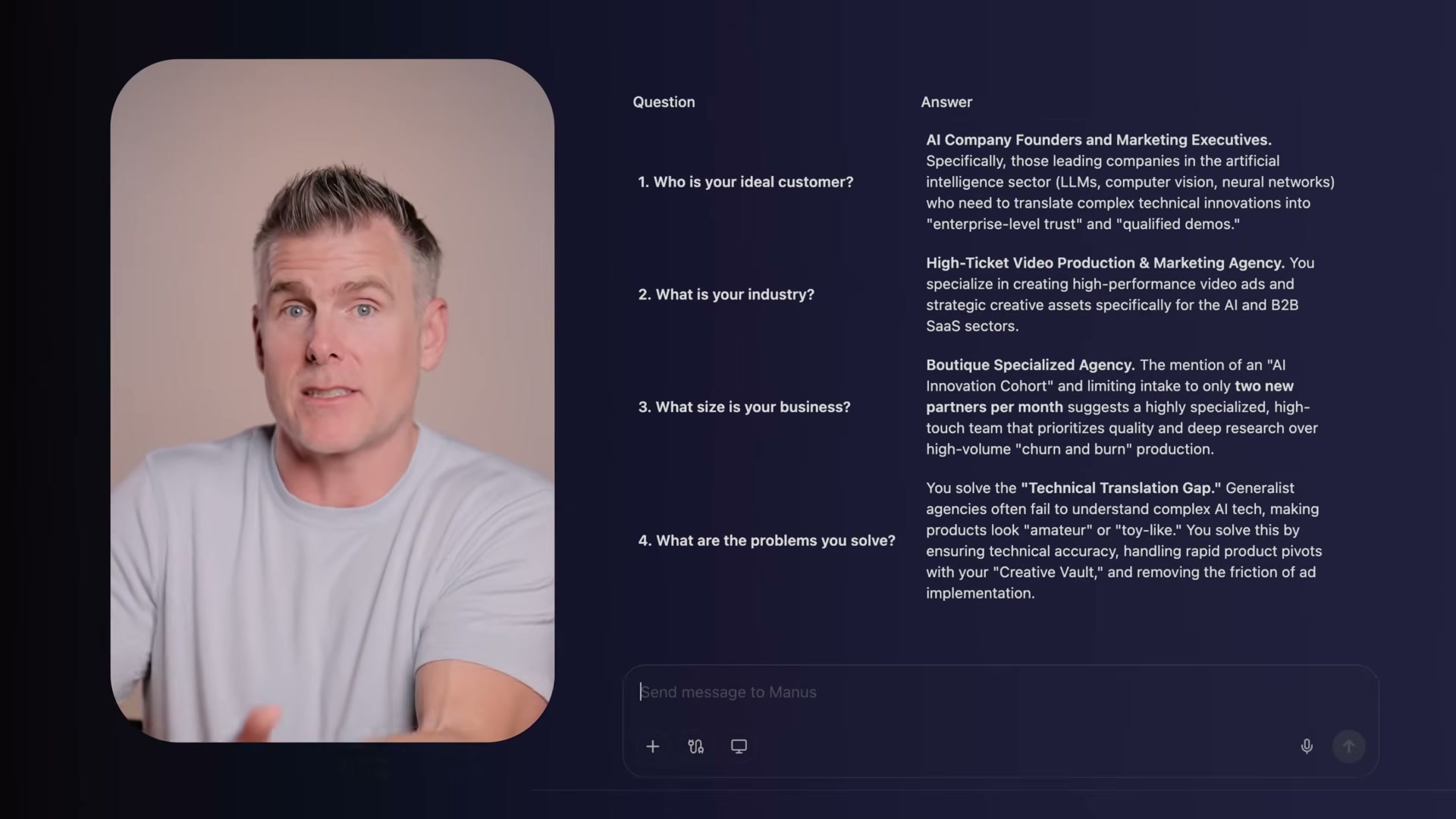 Manus builds your ICP from scratch — answering who you serve, what you sell, and why it matters