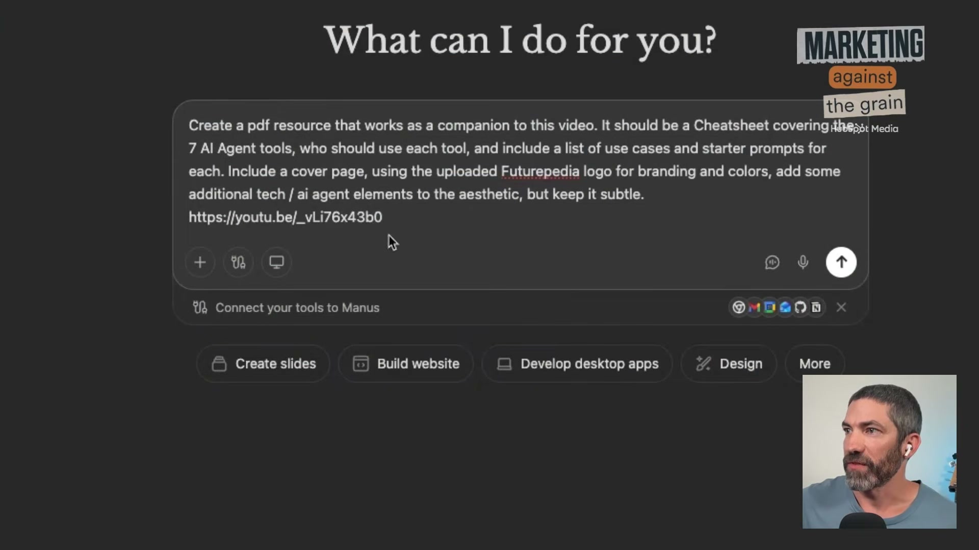 The Manus AI prompt that kicks off autonomous PDF creation: specific deliverable, brand constraints, source material, and a YouTube URL — all in one instruction.