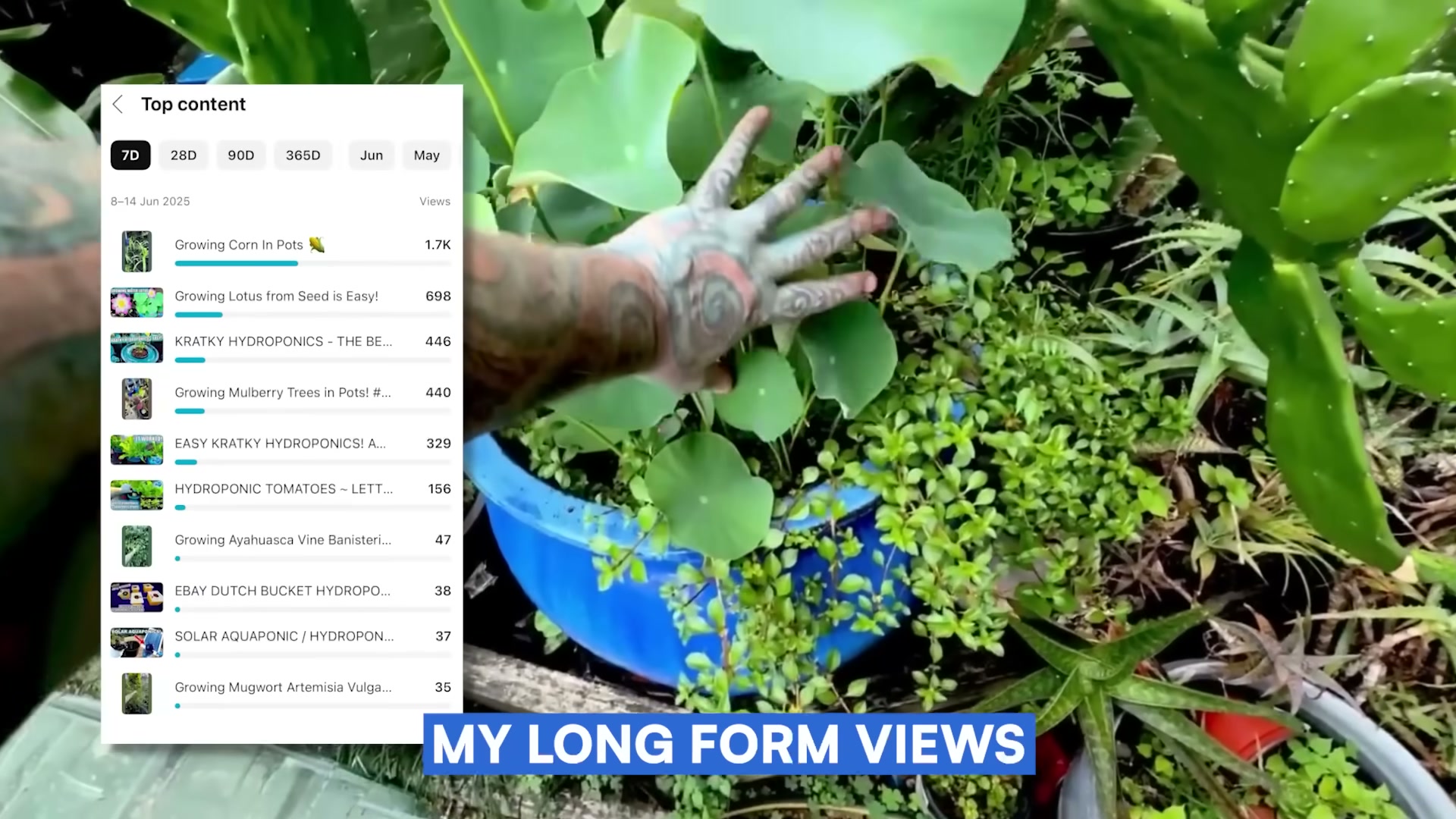 A hydroponic gardening creator's top content analytics: niche selection visibly impacts which videos accumulate views and ad revenue.