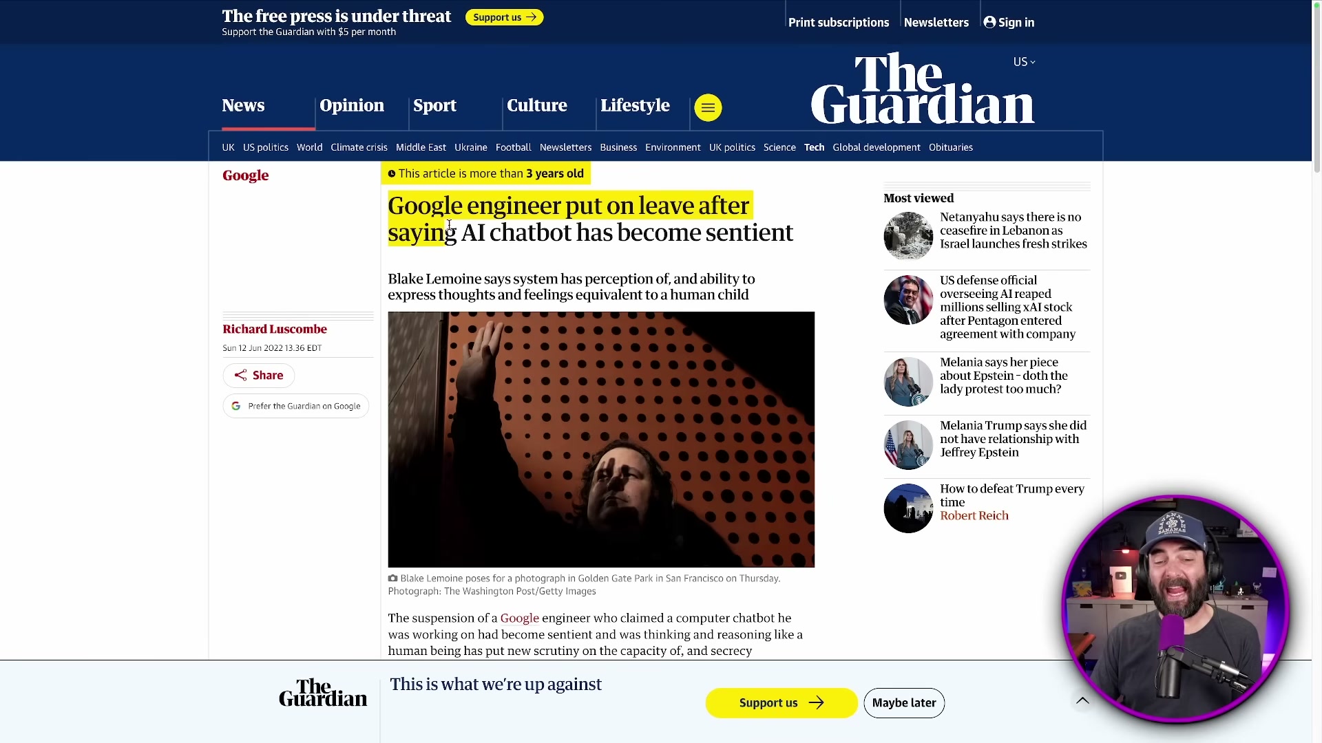 The Guardian's Blake Lemoine/LaMDA sentience story — a landmark moment in public AI perception that shaped how labs communicate model capabilities.
