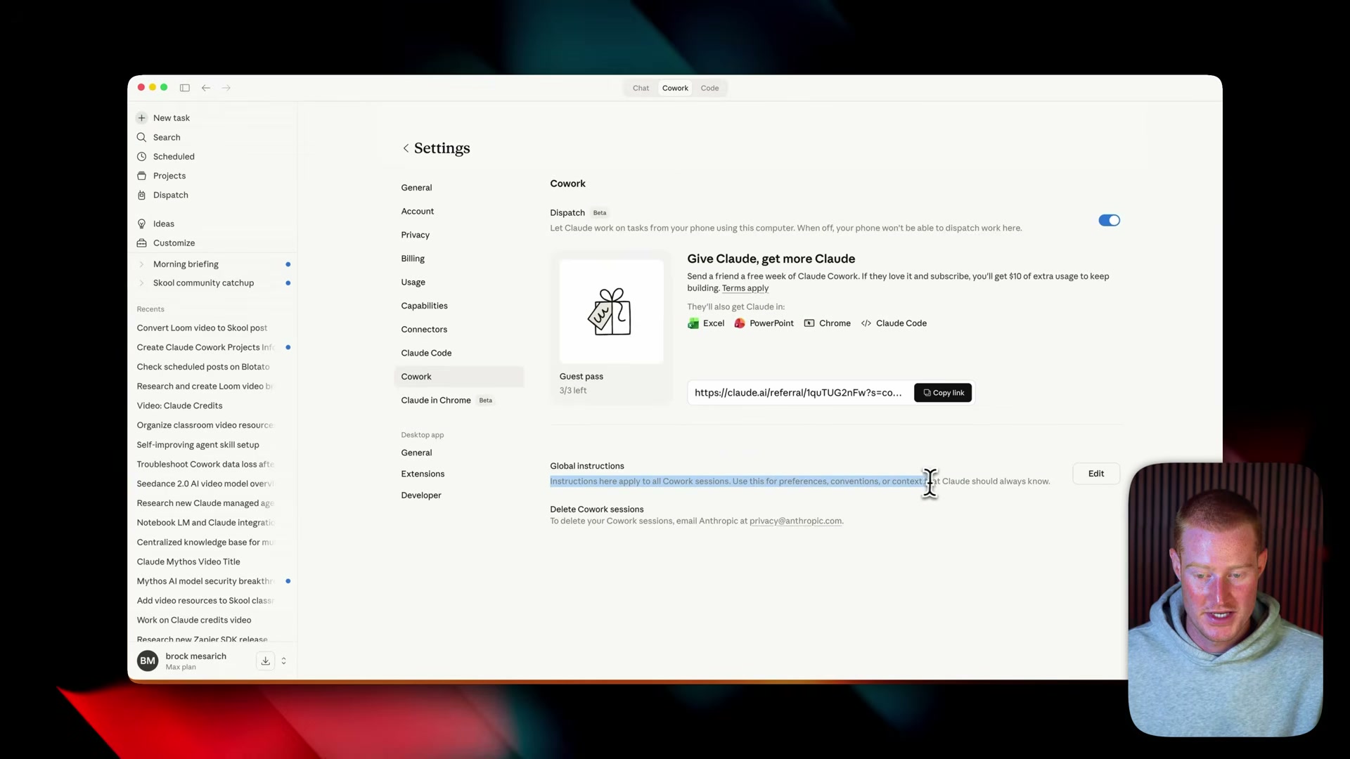 Where to set Global Instructions: Settings → Cowork → Global Instructions field