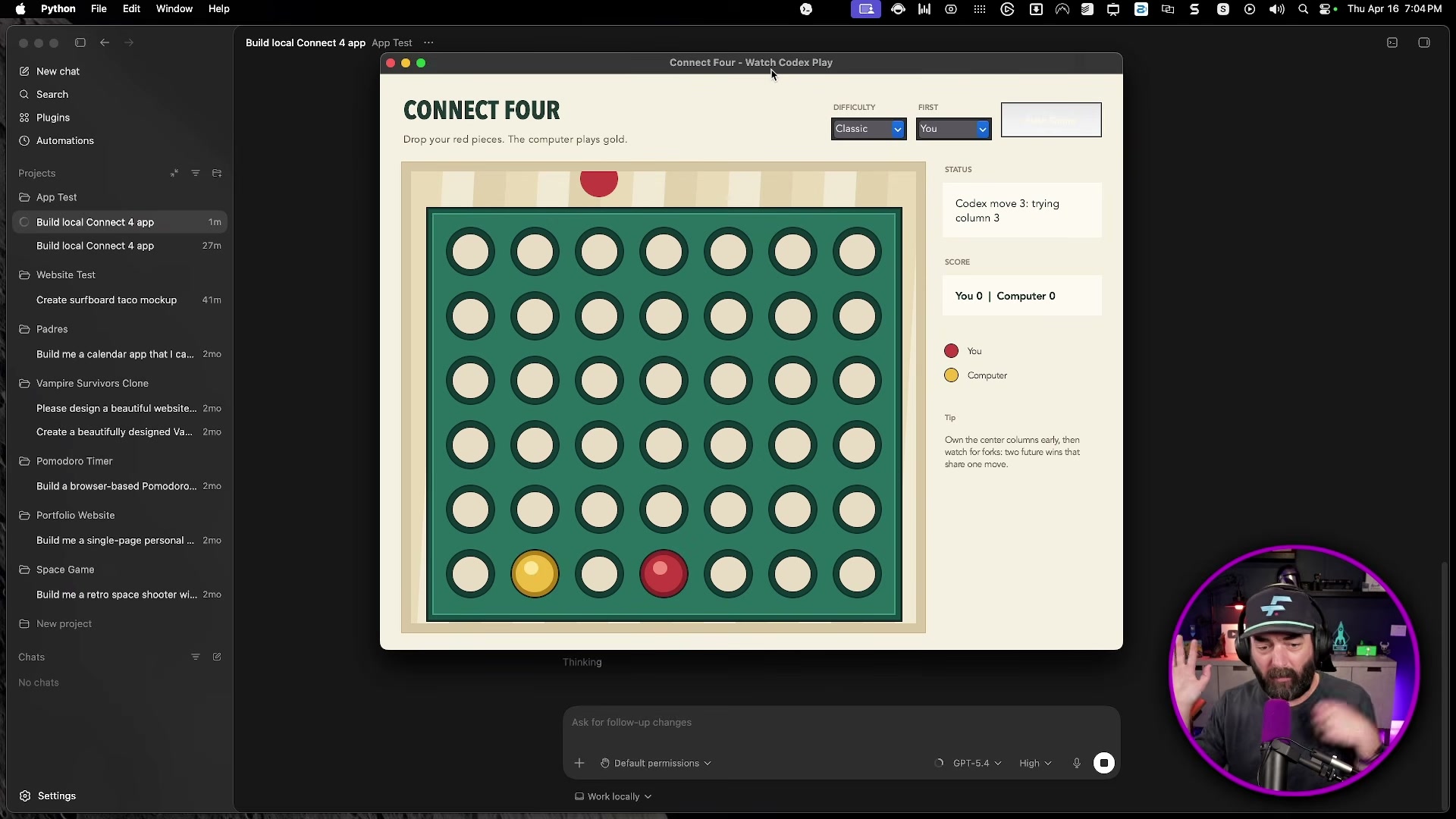 'Watch Codex Play' mode: Codex autonomously plays the game it just built, demonstrating agent-driven computer use in action