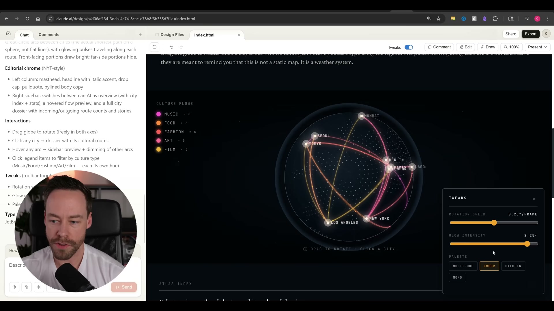 The finished prototype: a drag-to-rotate dark globe with glowing culture-flow arcs — and a Tweaks panel for adjusting rotation speed, glow, and color palette without re-prompting.