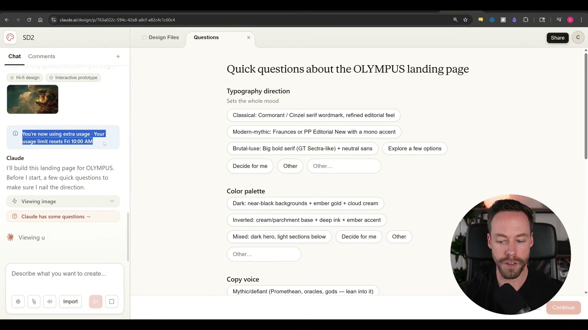 Claude Design asks clarifying questions before building — Typography, Color palette, and Copy voice choices appear as clickable option sets, not a blank prompt box.