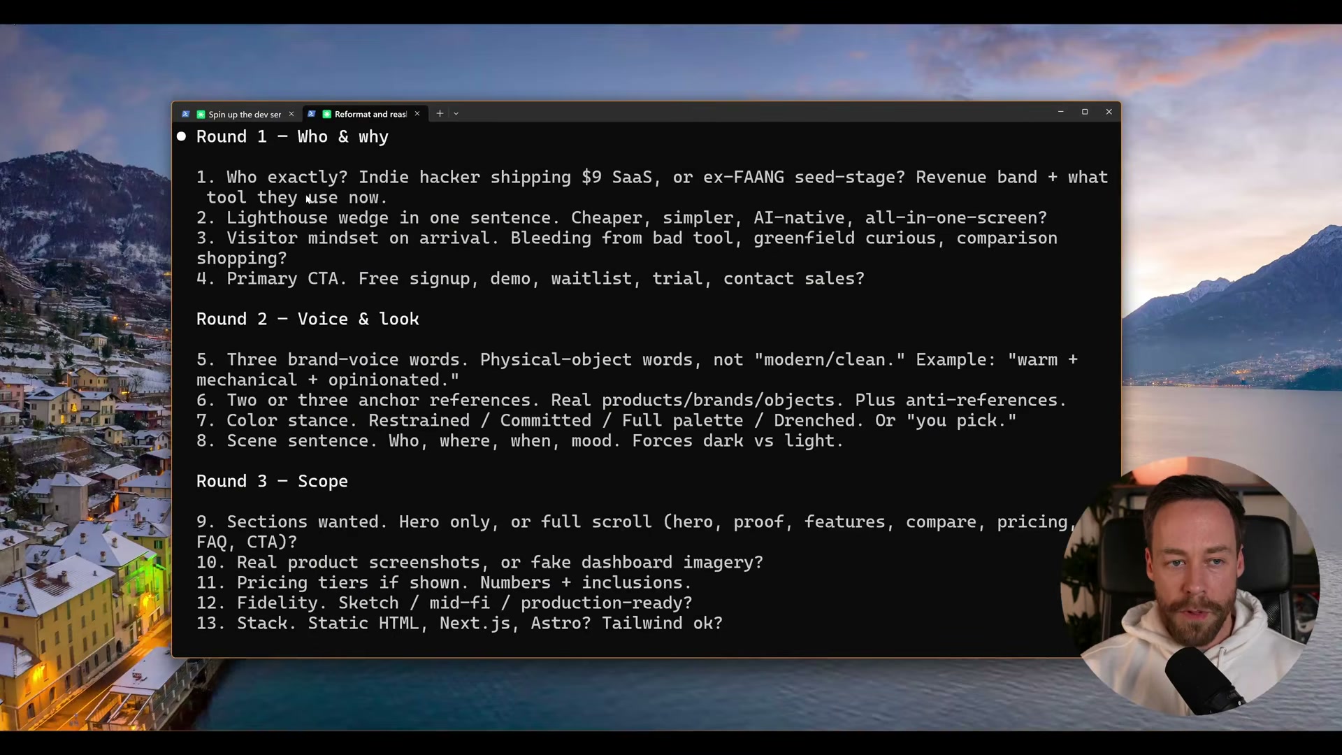 /impeccable craft opens a 3-round discovery interview covering audience, brand voice, color stance, and tech stack before it writes any UI — that's what separates it from a one-shot prompt.