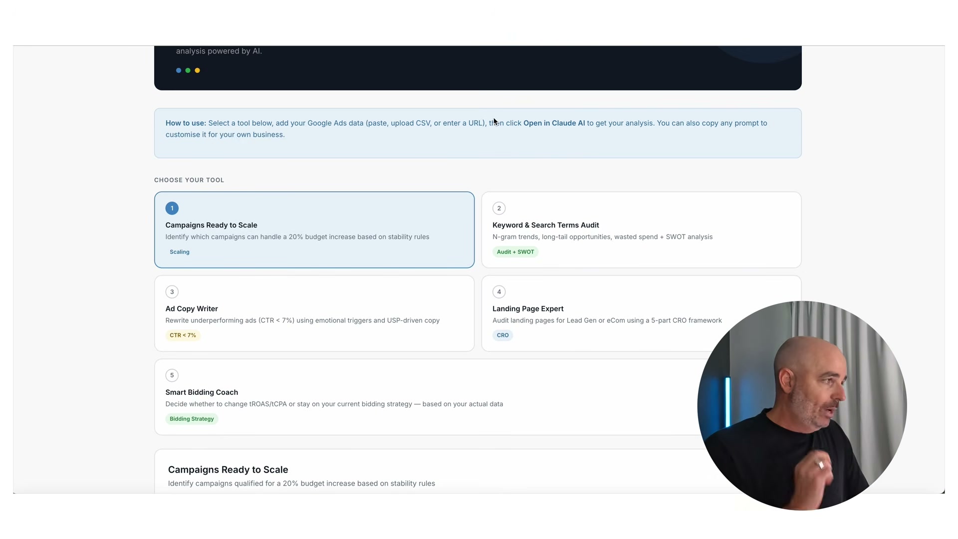 The Define Digital Academy Google Ads optimization suite offers 5 AI-powered tools — from campaign scaling eligibility to smart bidding decisions — all powered by your own account data.