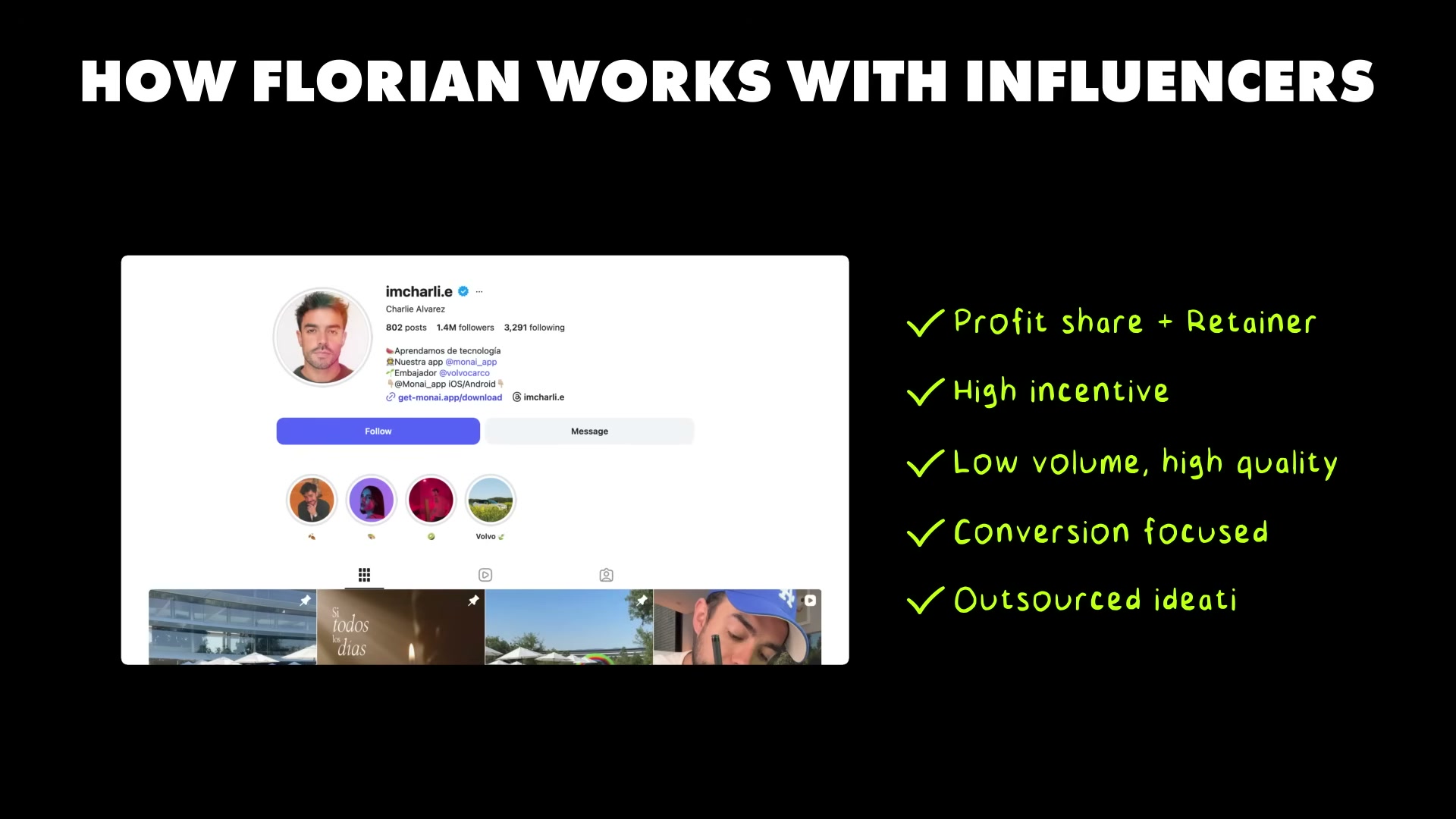 Florian's five-point influencer framework: profit share, high incentive, low volume, conversion focus, and outsourced content ideation.