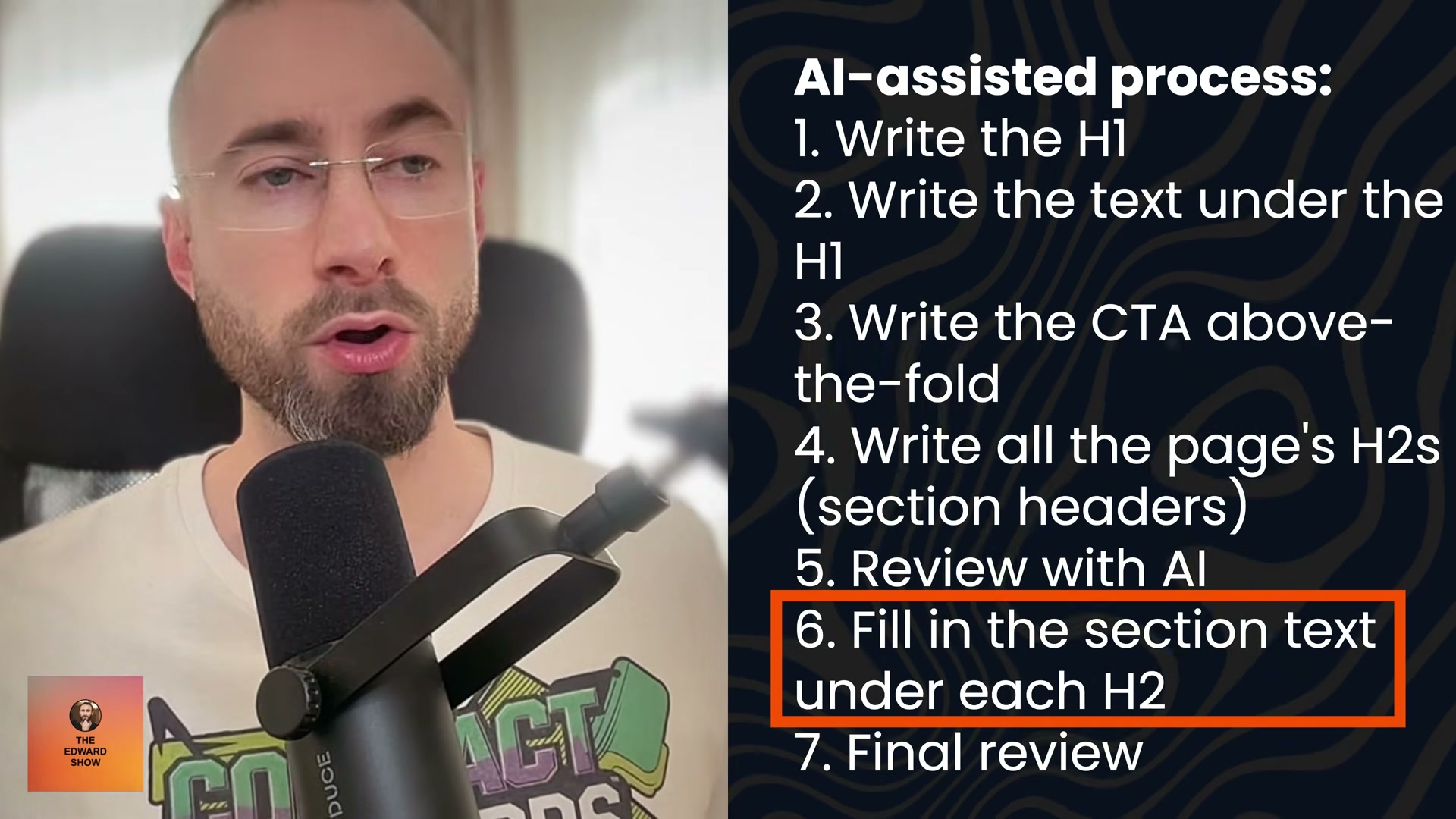 The 7-step AI-assisted content workflow: human outlines first, AI fills gaps at step 6 only