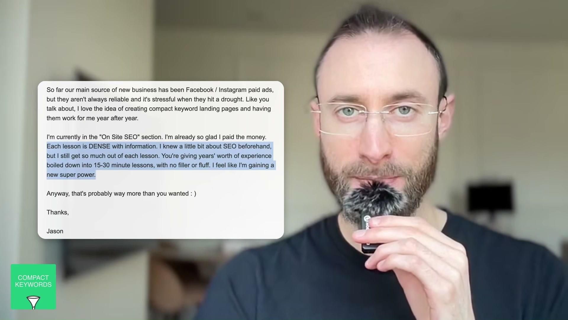 Student testimonial: how compact keyword landing pages replaced unreliable paid ad spend for a SaaS founder.