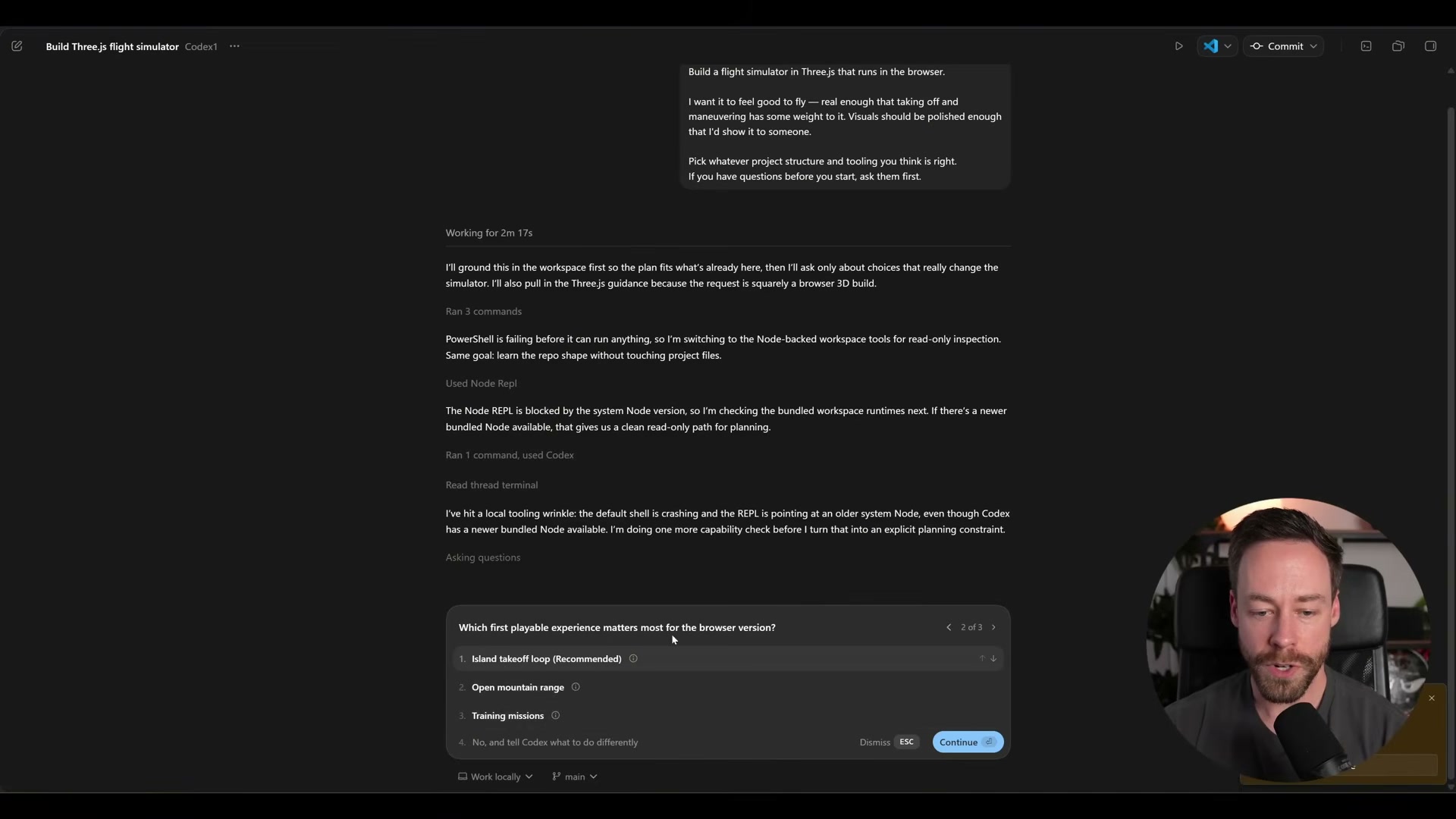 Planning phase side-by-side: all three agents building their architectural approach to the same Three.js flight sim prompt — each with a distinct planning style.