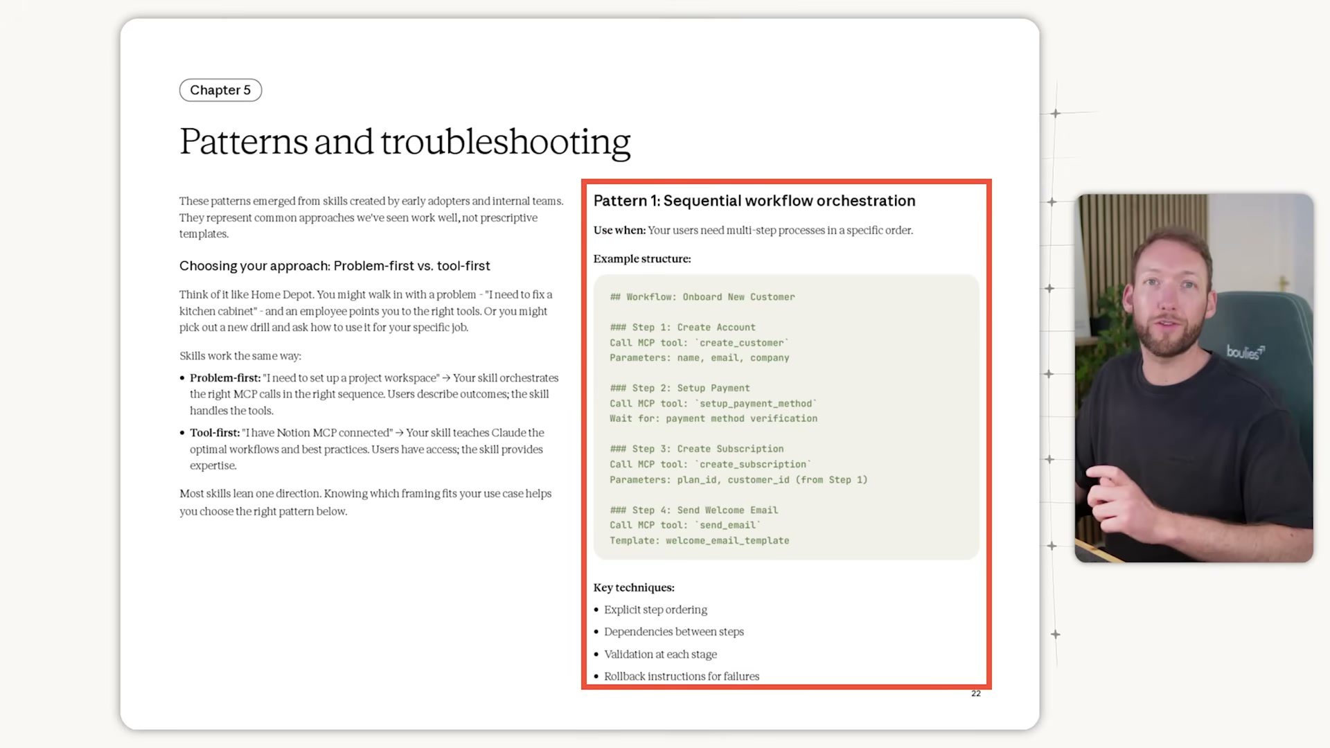 Pattern 1 — Sequential workflow orchestration: step-by-step MCP tool calls with explicit ordering, dependencies, and rollback instructions