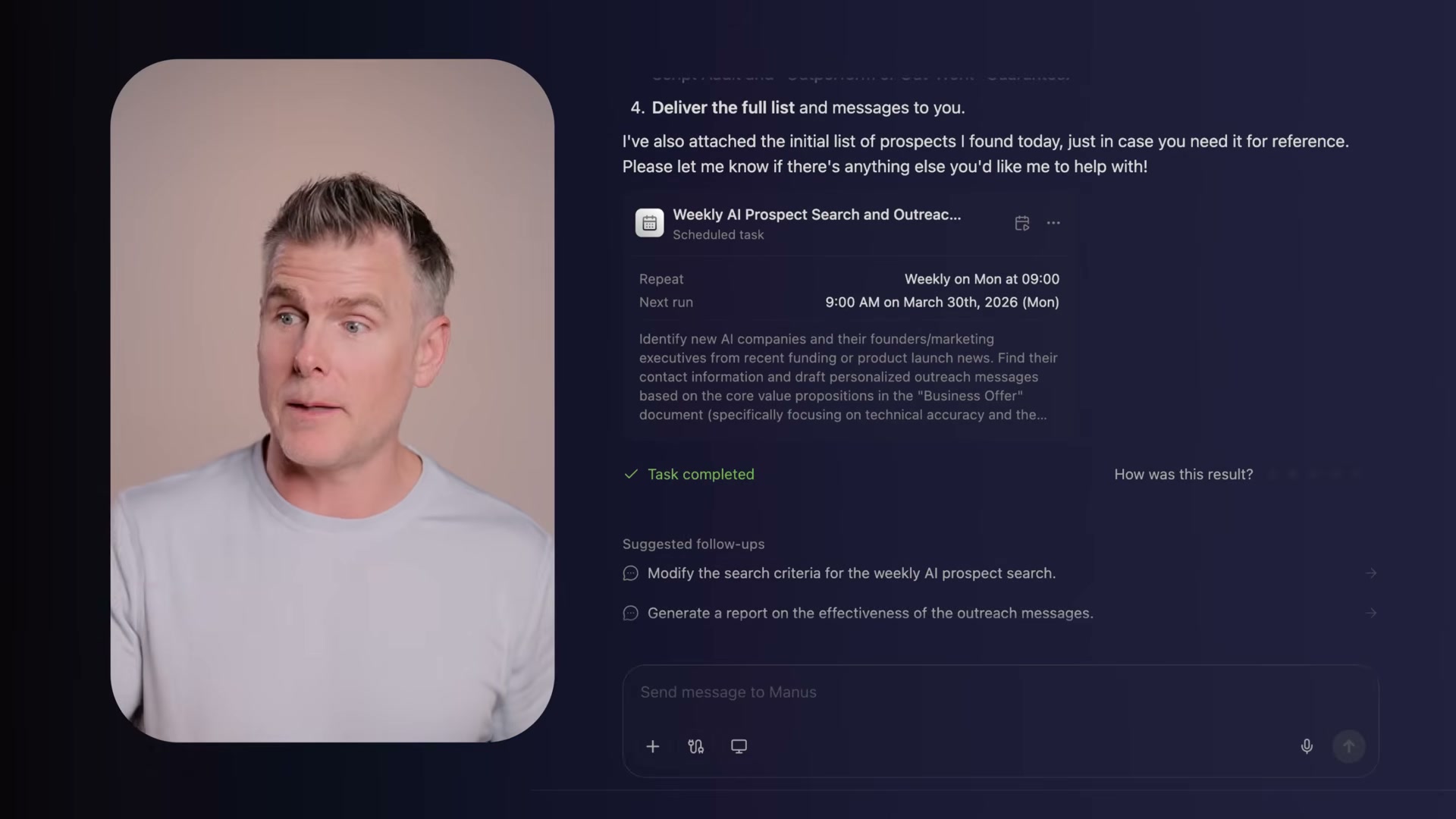Set it and forget it: Manus runs a weekly prospect search and outreach task on autopilot