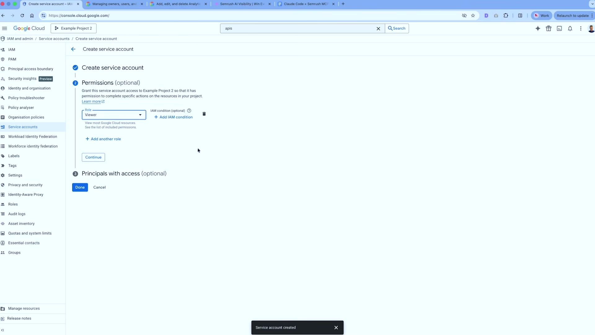 Create a GCP service account and assign the Viewer role for read-only API access