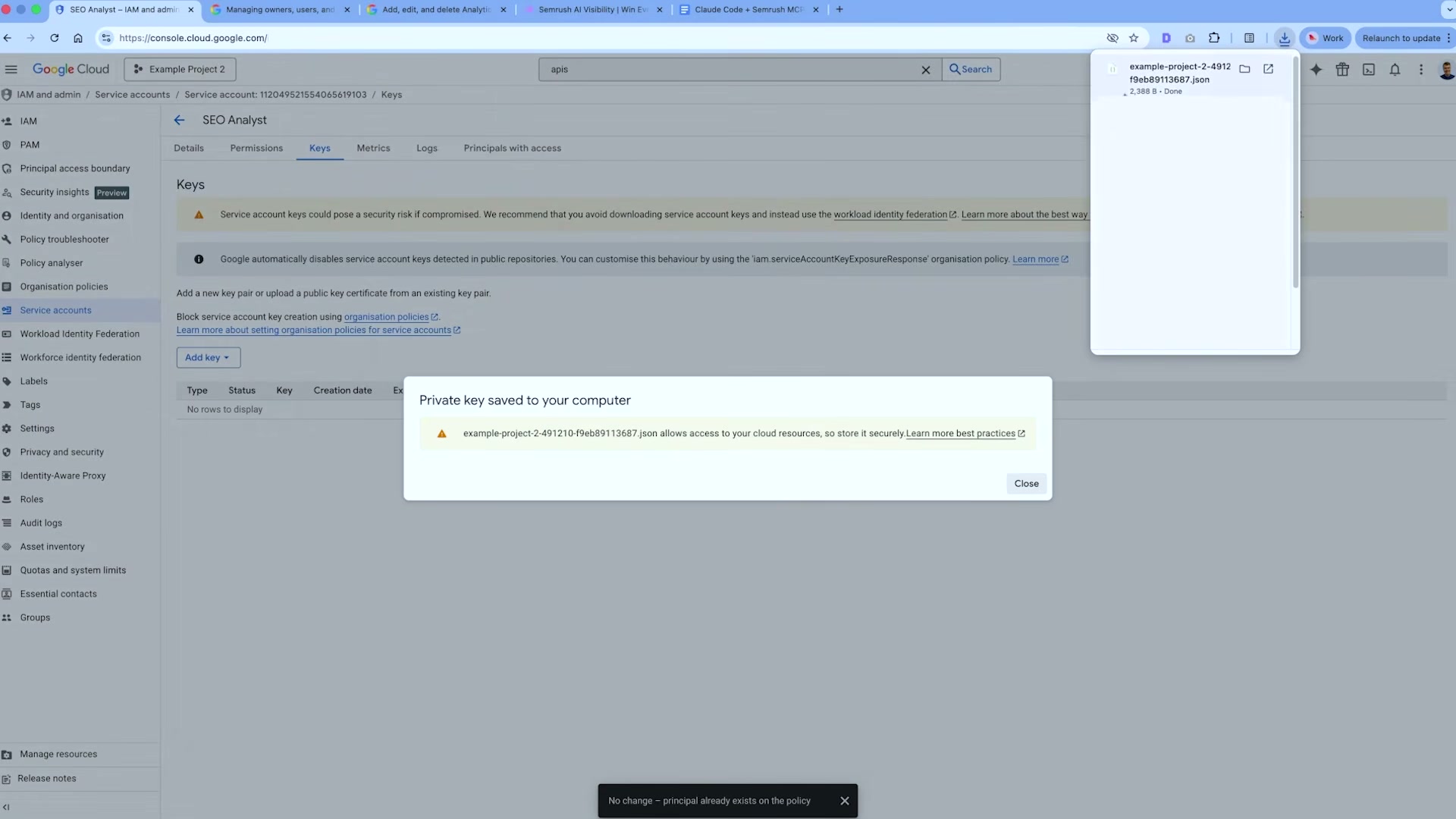 Download the service account JSON key — this file authenticates Claude Code to Google APIs