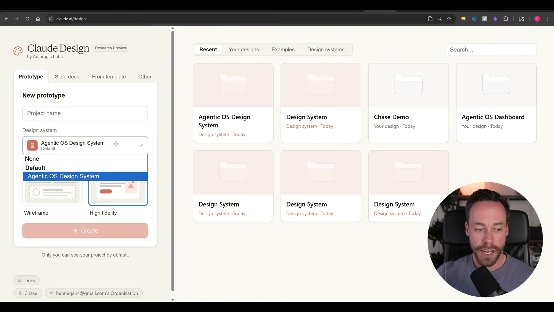 Selecting your custom design system from the dropdown ensures every new prototype Claude generates will inherit your brand's colors, type scale, and component language.