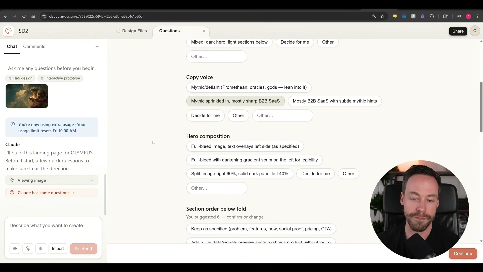 The hero composition question in Claude Design: choose 'Full-bleed image, text overlays left side' to match the Higgsfield layout sketch — this single choice shapes the entire page structure.