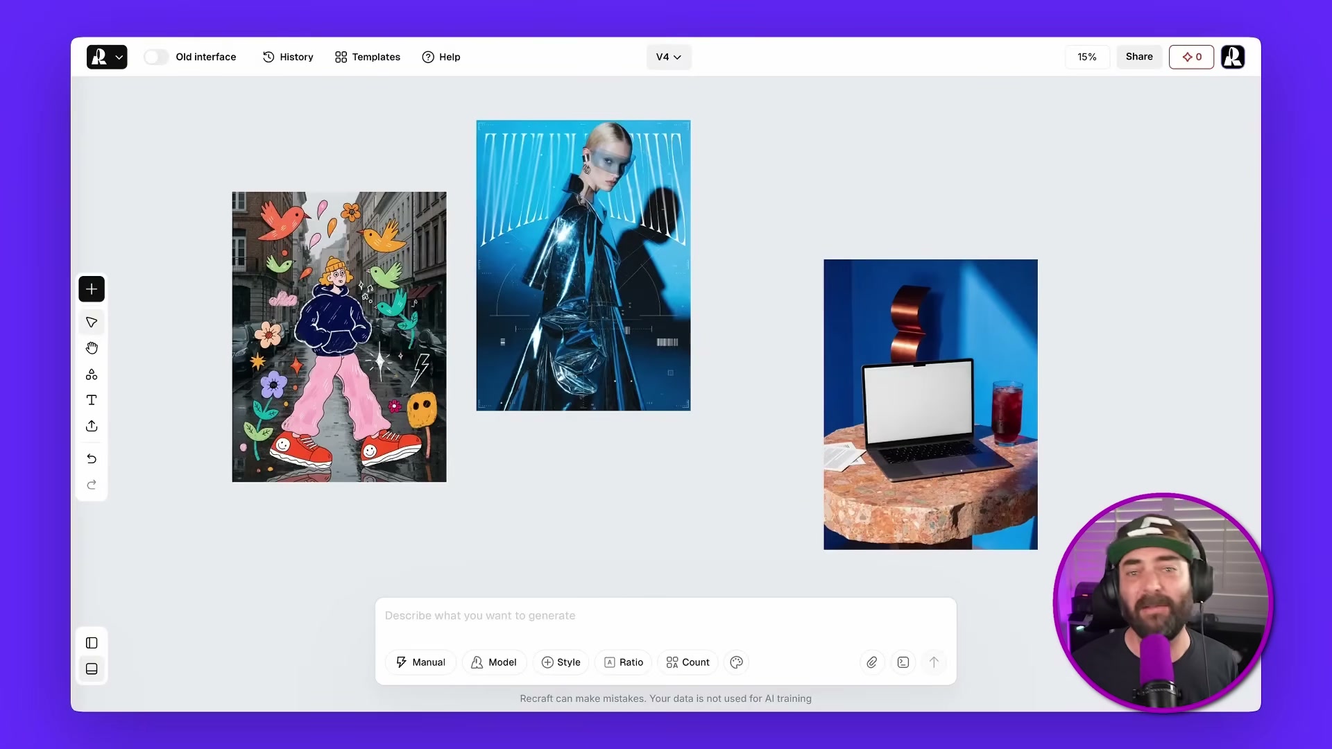 Recraft V4 interface: generate photorealistic, editorial, and illustrated images from a single canvas — model selector confirms V4