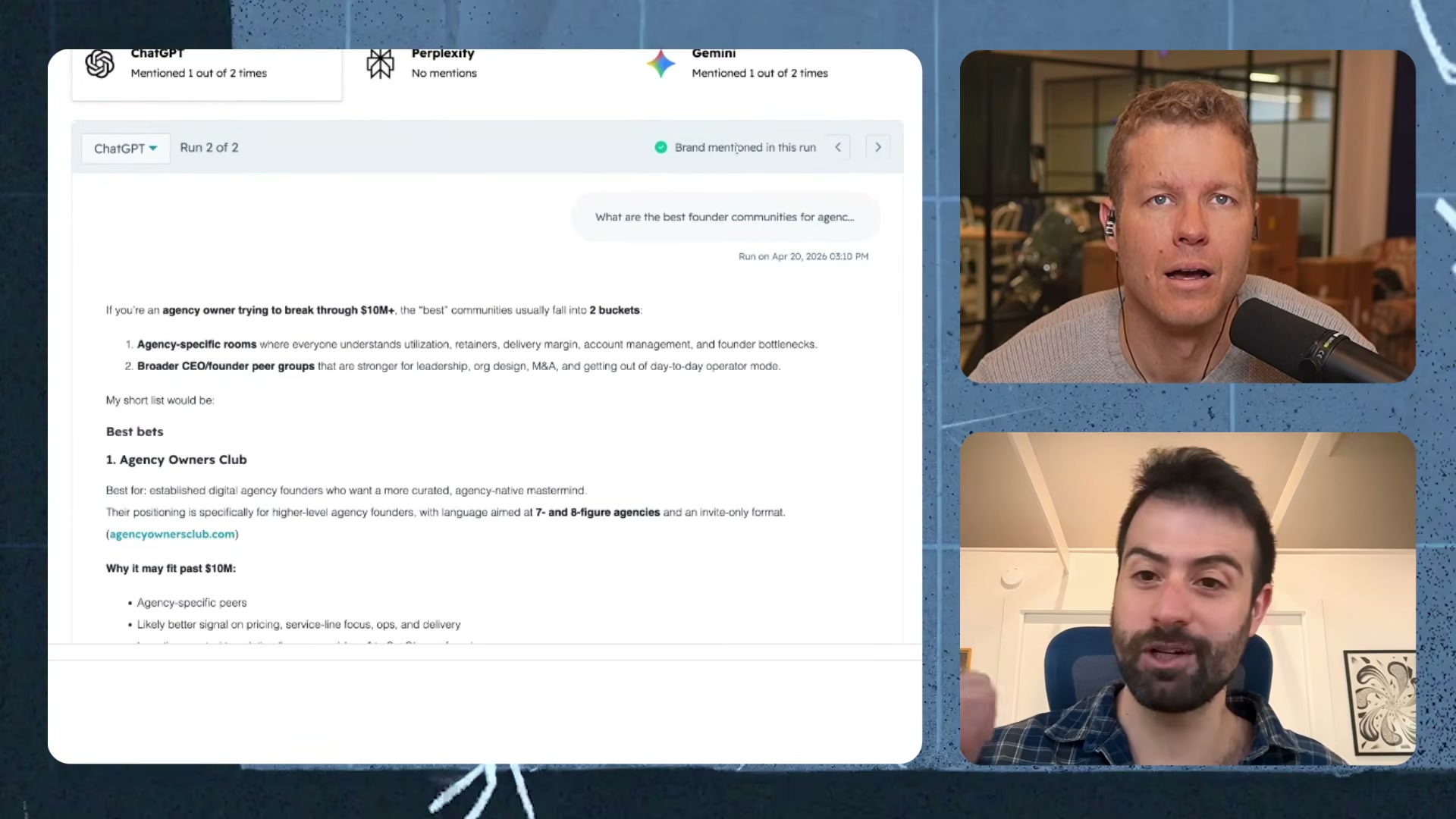 Run 2 triggers a green 'Brand mentioned in this run' badge — HubSpot confirms the brand appeared in ChatGPT's answer and shows exactly where.