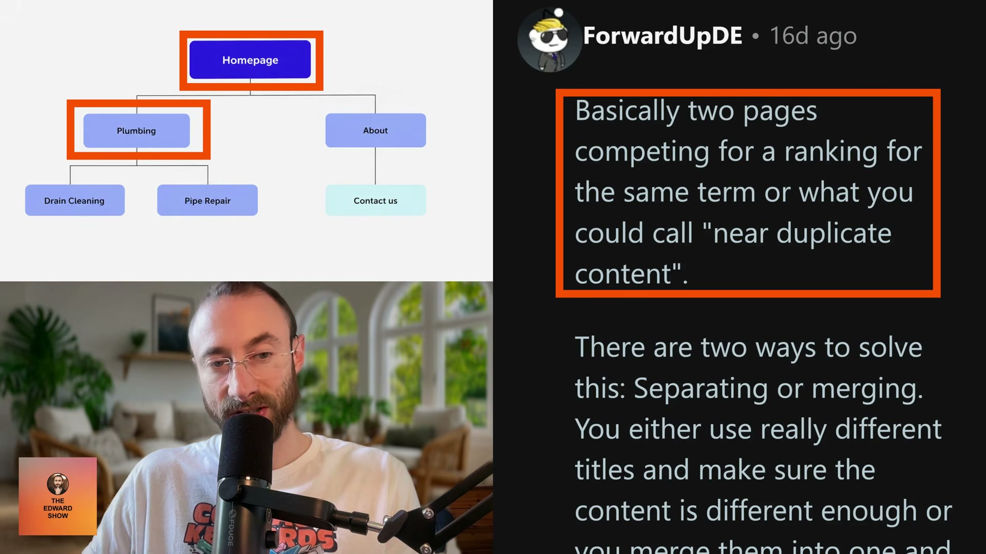 A plumber's site architecture reveals the trap: Homepage and /plumbing both target 'plumbing services' and become near-duplicate competitors in Google's index.