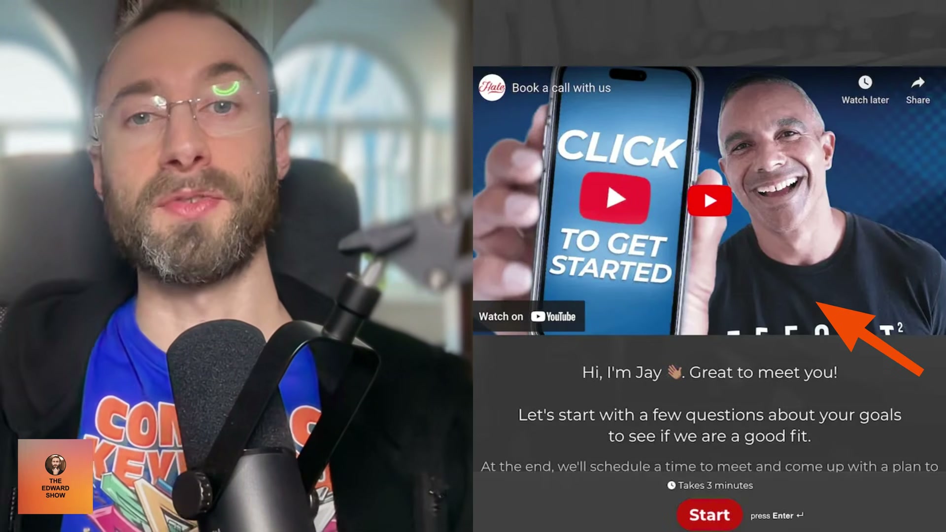 A live example of the video + intake form funnel: prospect watches a short video then answers qualifying questions before booking