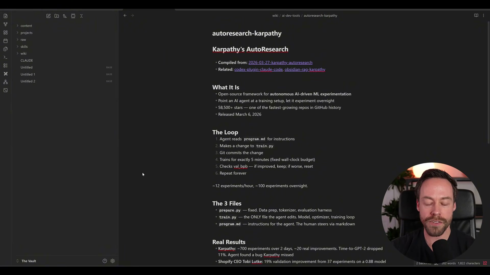 A processed wiki note for Karpathy's AutoResearch: the LLM distills a raw source into structured sections — What It Is, The Loop, The 3 Files, Real Results — ready for instant querying.
