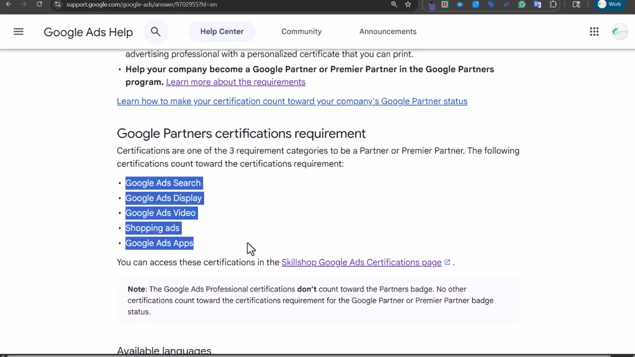 The five certifications highlighted here — Search, Display, Video, Shopping Ads, and Apps — are the only ones that count toward the Google Partner certifications requirement.